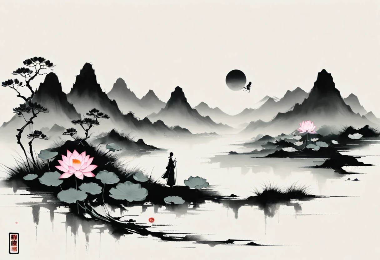 大量留White,White, White色背景, simple, Minimalism, Abstract,antiquity,Aesthetic,Black and White,Ink Painting,,Lotus,Mountain,Girl drinking tea in the distance
