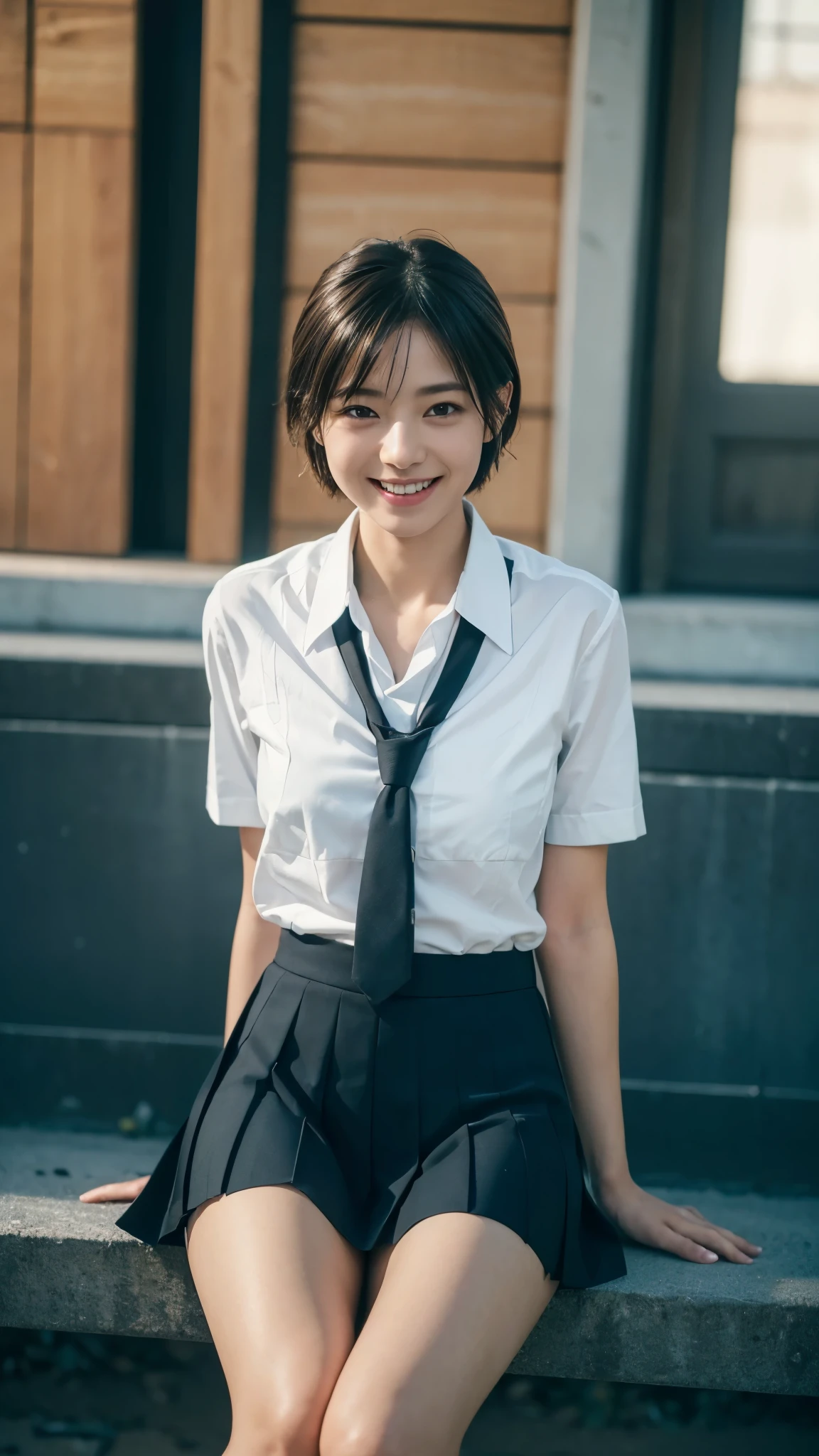 (school uniform)Mix 4,ultra detail (8k, RAW Photos, 最high quality, masterpiece: 1.45), (Realistic, Photorealistic: 1.37), (Ultra high definition)(Textured skin)(Very detailed)(high quality)(最high quality)(First Person View)Beauty Women,Sitting,smile,short hair