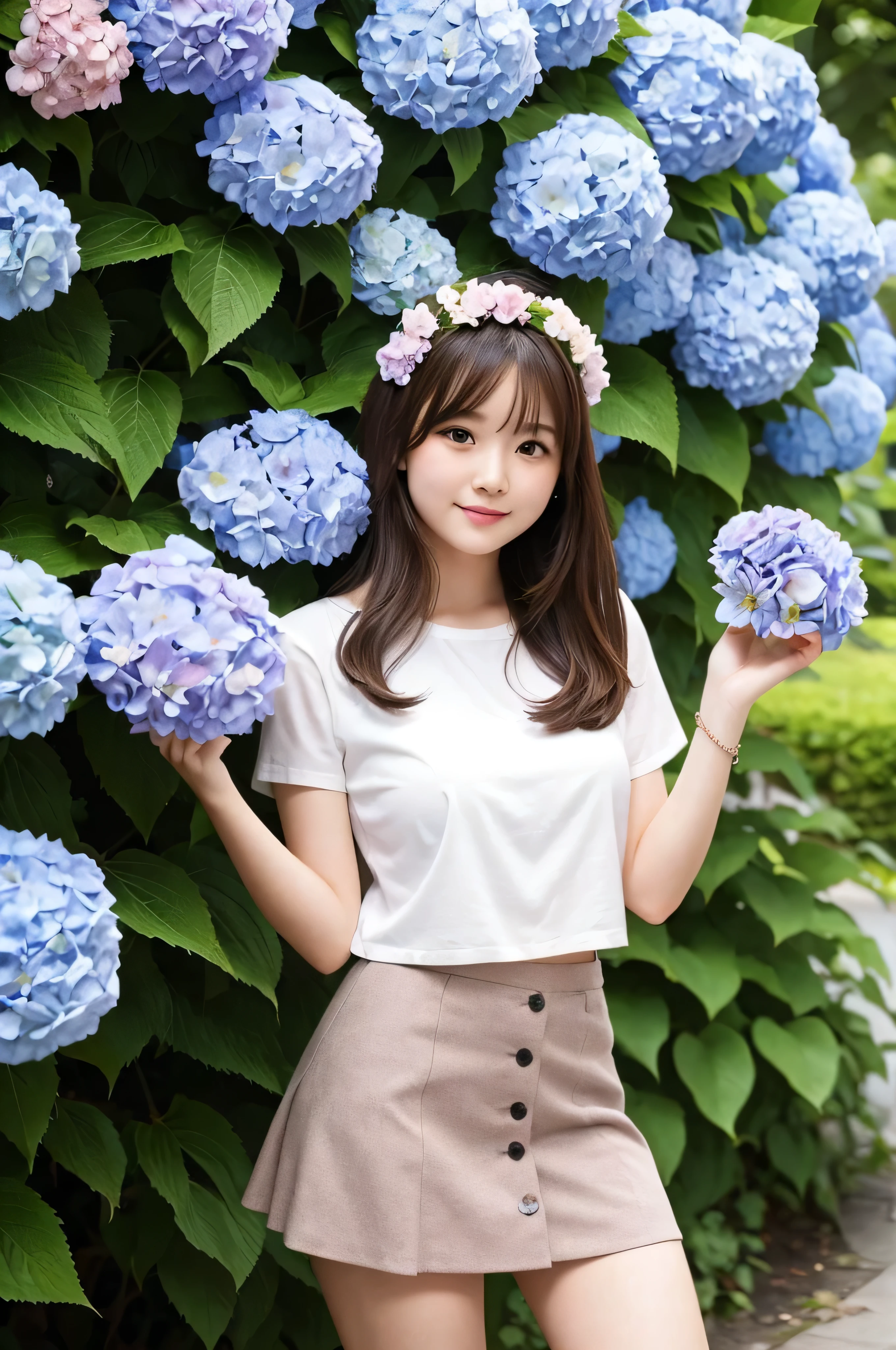 A cute 20-year-old girl standing in a park with hydrangeas in bloom（mini skirt）