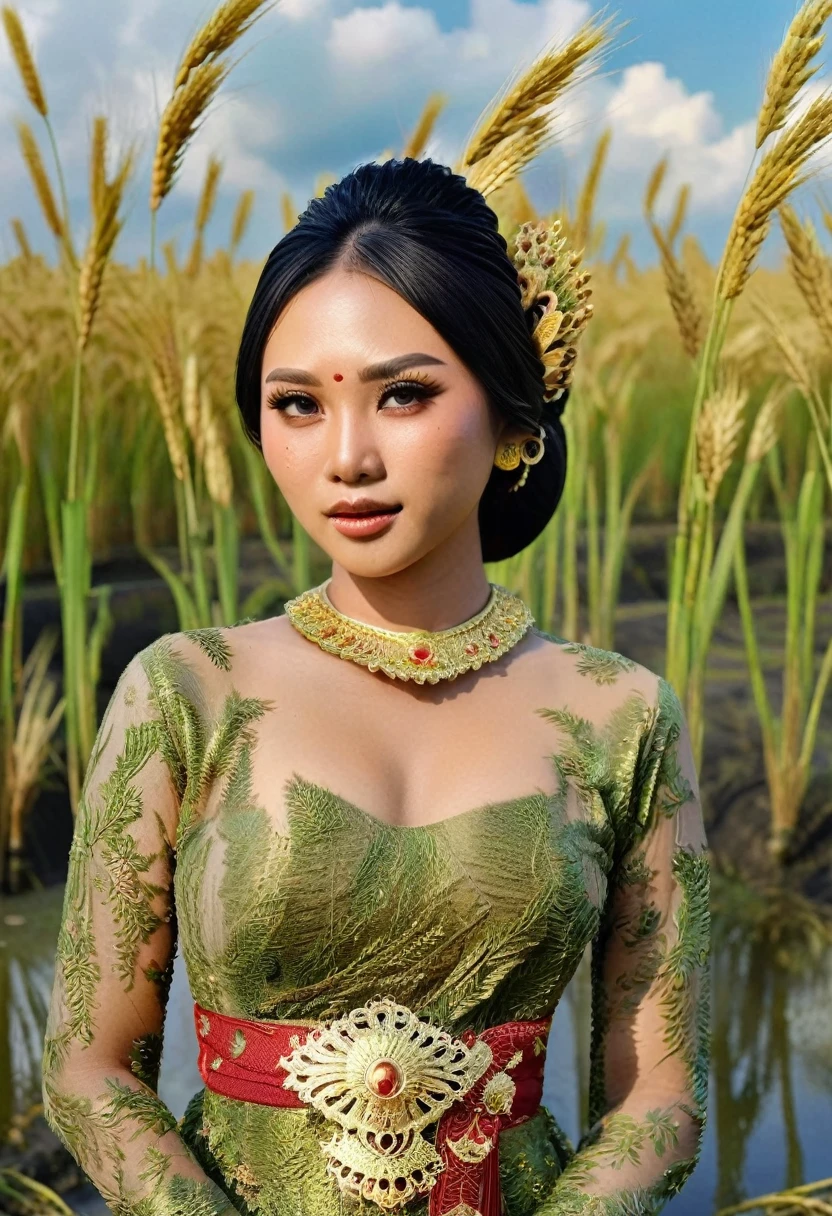 Realistic full body photo, an Indonesian girl, medium breasts, beautiful round face, hair in a bun with gold decoration, gold necklace, wearing a black kebaya with gold embroidery decoration. rice field background, hyperrealism, realistic lighting, ultra skin texsture, stable diffusion, perfect anatomy, crazy details, hyperrealism body, hyperrealism face, hyperrealism breast, hyperrealism hair, hyperrealism shadows, hyperrealism texsture, hyperrealism skin texsture, hyperrealism detailed face, hyperrealism detailed body, hyperrealism detailed breast, hyperrealism detailed hair, hyperrealism detailed anatomy, hyperrealism detailed lighting, hyperrealism detailed shadows, hyperrealism detailed texsture, hyperrealism detailed background