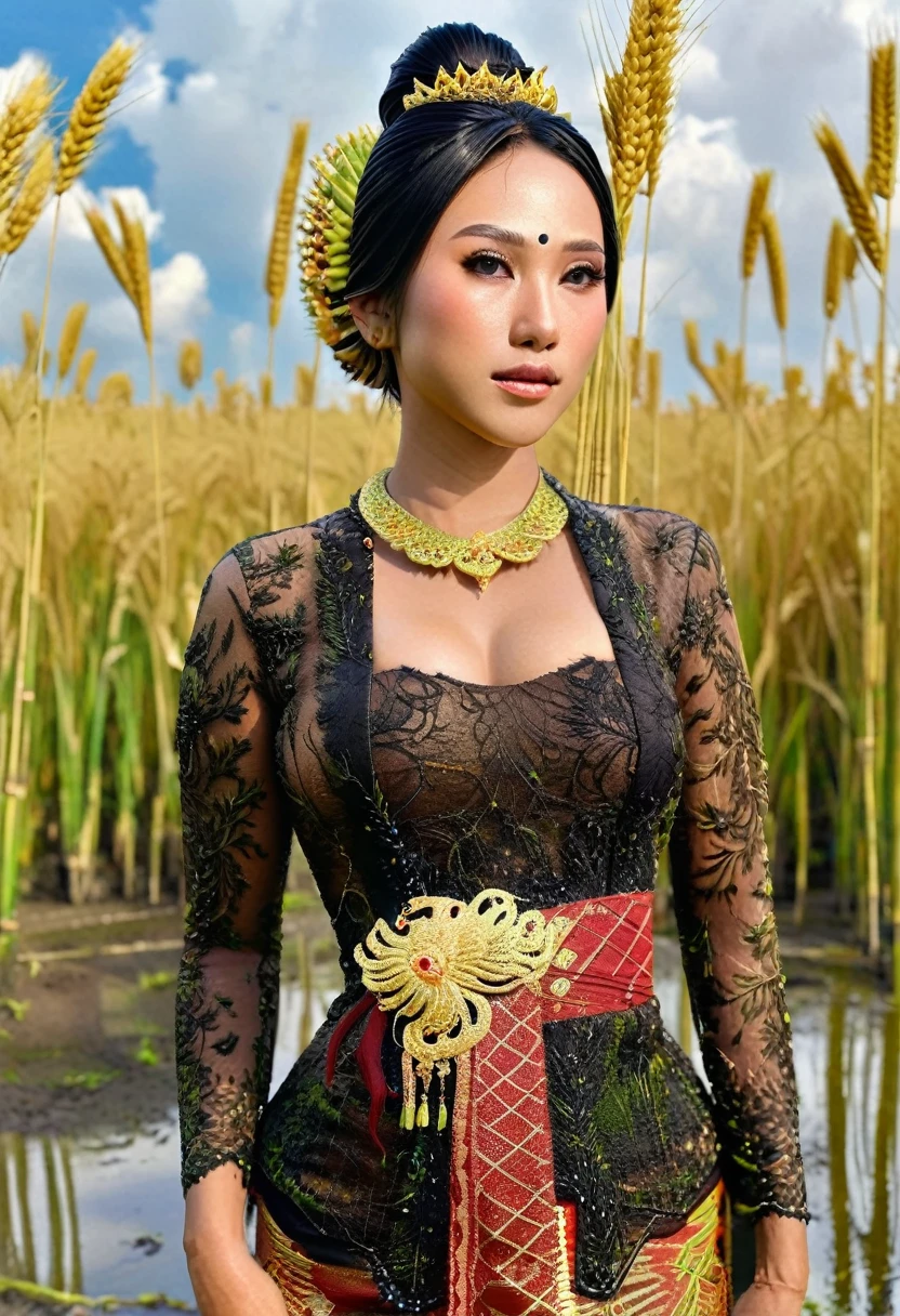 Realistic full body photo, an Indonesian girl, medium breasts, beautiful round face, hair in a bun with gold decoration, gold necklace, wearing a black kebaya with gold embroidery decoration. rice field background, hyperrealism, realistic lighting, ultra skin texsture, stable diffusion, perfect anatomy, crazy details, hyperrealism body, hyperrealism face, hyperrealism breast, hyperrealism hair, hyperrealism shadows, hyperrealism texsture, hyperrealism skin texsture, hyperrealism detailed face, hyperrealism detailed body, hyperrealism detailed breast, hyperrealism detailed hair, hyperrealism detailed anatomy, hyperrealism detailed lighting, hyperrealism detailed shadows, hyperrealism detailed texsture, hyperrealism detailed background