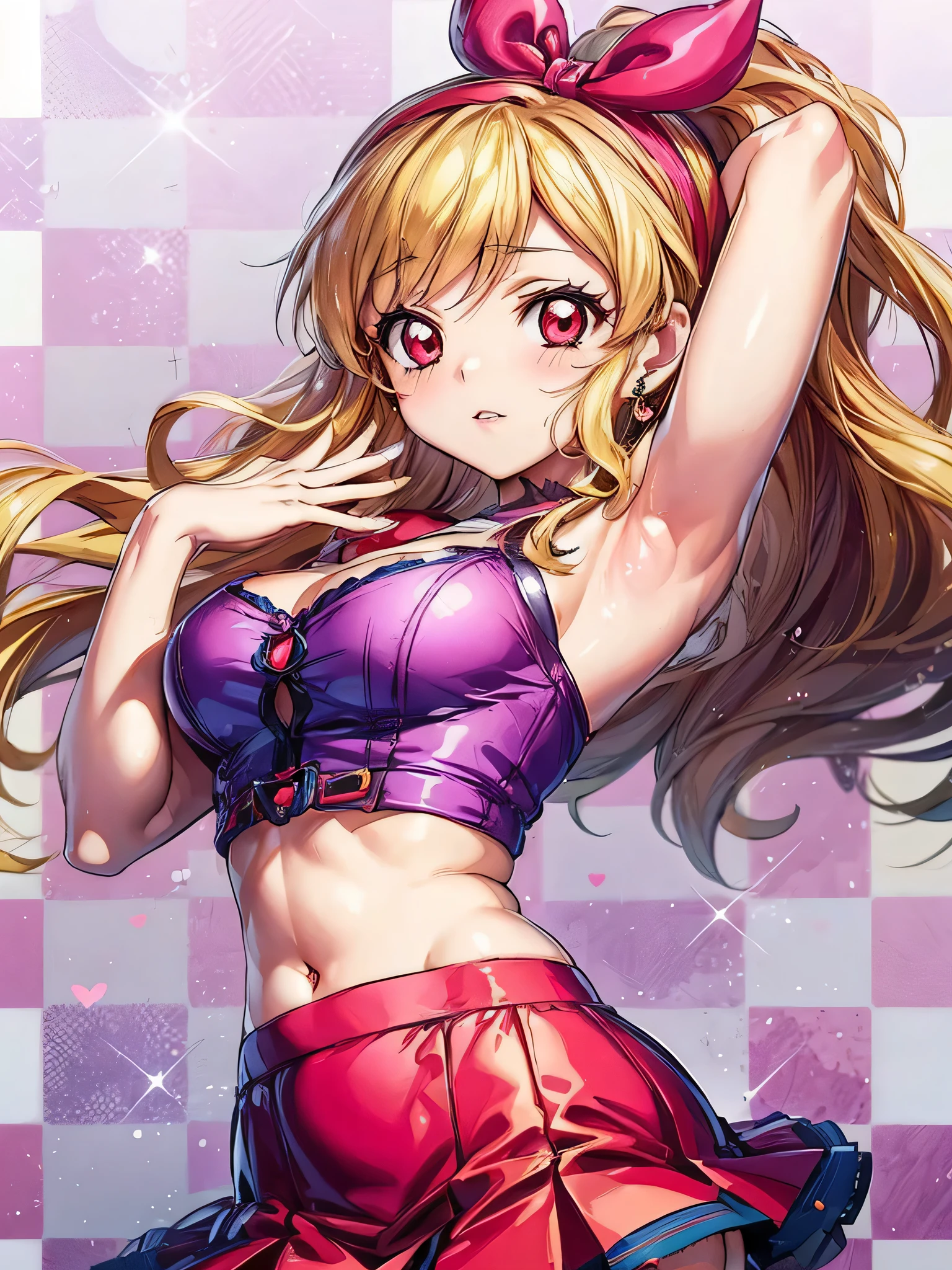 a very sexy female anime character is holding up stockings while in an office, 1girl, underwear, thighhighs, breasts, panties, skirt, solo, long hair, skirt lift, jewelry, spread legs, clothes lift, shirt, earrings, looking at viewer, bangs, black thighhighs, thighs, black panties, parted lips, bow, large breasts, indoors, blush, cameltoe, white shirt,,Ichigo Hoshimiya (Aikatsu!),cutie_honey