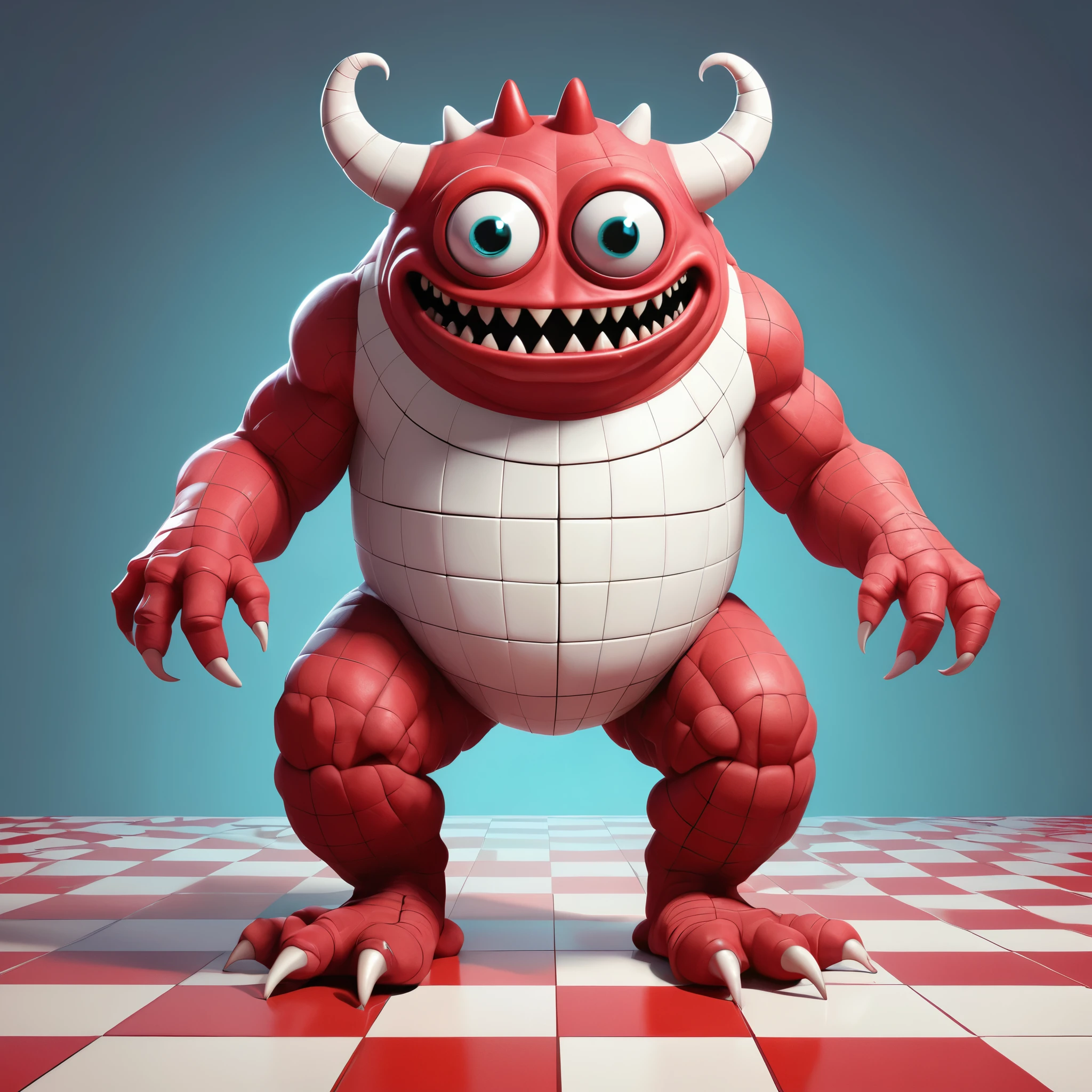 in style of beeple, Simple and clean vector g1g3r fx-monsters ,Red and white checkered background,(best quality,4k,8K,High resolution,masterpiece:1.2),Extremely detailed,Surreal style,Daniel Merriam Style,Cute style biopunk monster concept,Character concept design, rest (full_shooting:1.2),Negative Space Composition,Similar to beeple's style rest