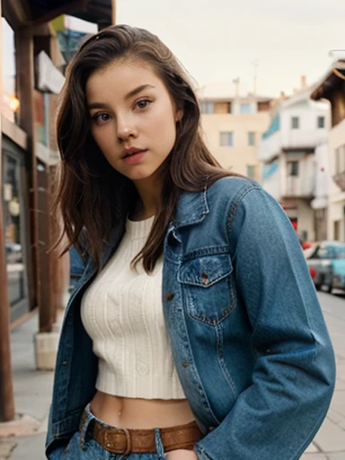Una hermosa mujer n1c0l4c,1 chica,solo,pelo largo,by the chestnut,chaqueta,bermudas,open chaqueta,labios,short bermudas,denim,red chaqueta,blue bermudas,denim bermudas,realista,soft lighting, professional photography, Photorealista, detallado, CRUDO, analogous thing, Sharp focus, 8K, hd, Alta calidad, obra maestra