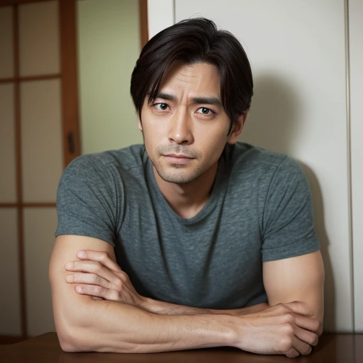 A man in his 30s with a displeased face、Japanese、Arms crossed