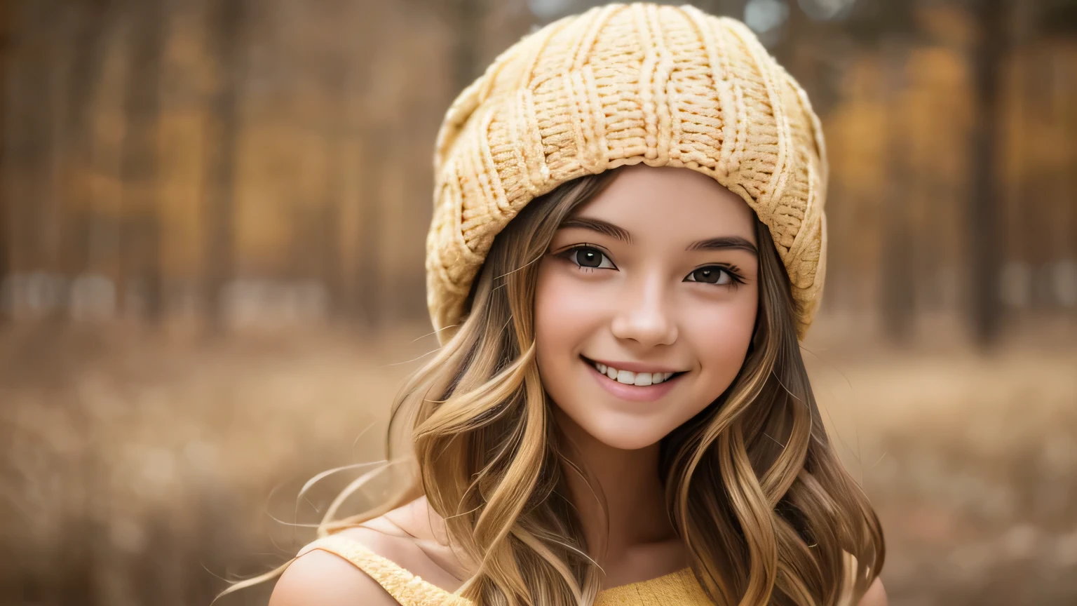 Girl with light wavy hair, cold hat, light yellow sweater with a neckline, bare shoulders, smiling. Half body photo.