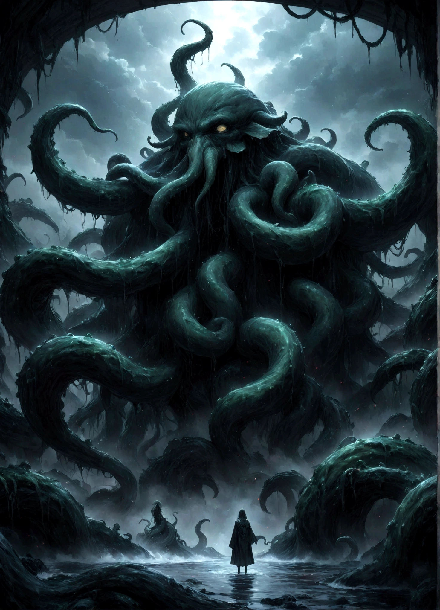 A dark fantasy scene depicting the terrifying creature Cthulhu,emerging from the abyss. The monstrous figure,shrouded in shadows,has large,(menacing tentacles reaching out toward the viewer:1.3),The atmosphere is eerie and foreboding,with a stormy,nightmarish sky filled with swirling dark clouds. The sea below is turbulent and foamy,reflecting the chaos above. Dim,ghostly lights illuminate parts of Cthulhu’s form,enhancing the horror. The viewer feels an intense sense of dread as the tentacles draw nearer,creating a gripping,immersive experience.,(masterpiece:1.3),(highest quality:1.4),(ultra detailed:1.5),High resolution,extremely detailed,unity 8k wallpaper,(Draws a dark and decadent background,Expresses the fear that the viewer feels,collapses the bottom of the image,Know the love of the god of chaos,Please express it artistically by blurring it in some places.)