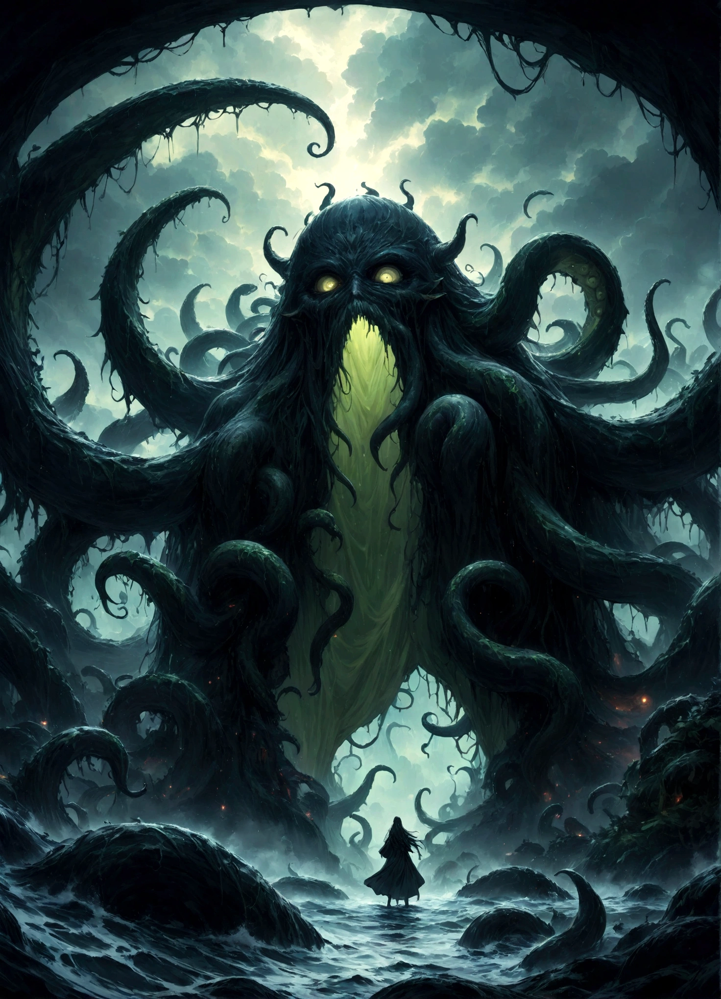 A dark fantasy scene depicting the terrifying creature Cthulhu,emerging from the abyss. The monstrous figure,shrouded in shadows,has large,(menacing tentacles reaching out toward the viewer:1.3),The atmosphere is eerie and foreboding,with a stormy,nightmarish sky filled with swirling dark clouds. The sea below is turbulent and foamy,reflecting the chaos above. Dim,ghostly lights illuminate parts of Cthulhu’s form,enhancing the horror. The viewer feels an intense sense of dread as the tentacles draw nearer,creating a gripping,immersive experience.,(masterpiece:1.3),(highest quality:1.4),(ultra detailed:1.5),High resolution,extremely detailed,unity 8k wallpaper,(Draws a dark and decadent background,Expresses the fear that the viewer feels,collapses the bottom of the image,Know the love of the god of chaos,Please express it artistically by blurring it in some places.)