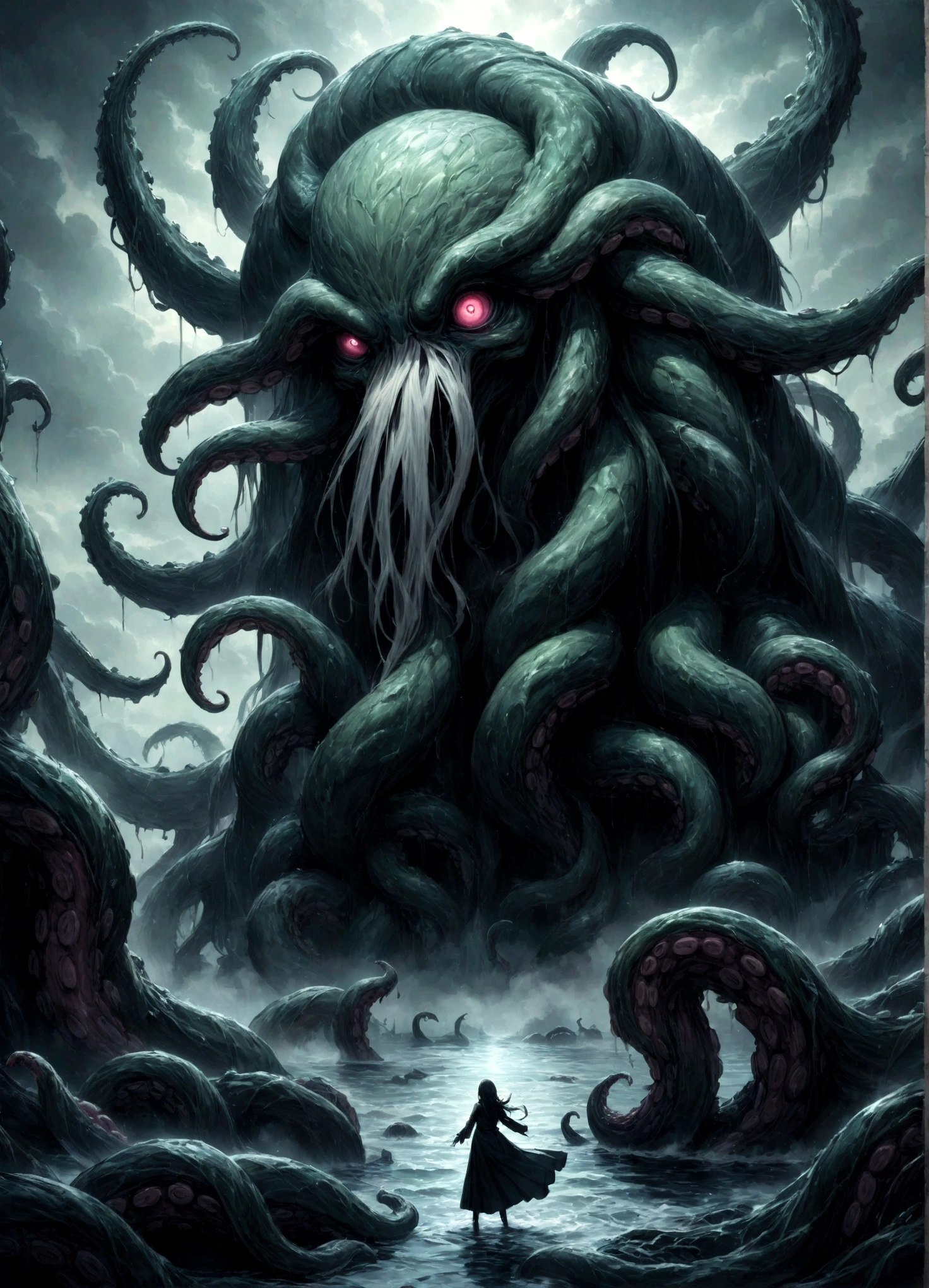 A dark fantasy scene depicting the terrifying creature Cthulhu,emerging from the abyss. The monstrous figure,shrouded in shadows,has large,(menacing tentacles reaching out toward the viewer:1.3),The atmosphere is eerie and foreboding,with a stormy,nightmarish sky filled with swirling dark clouds. The sea below is turbulent and foamy,reflecting the chaos above. Dim,ghostly lights illuminate parts of Cthulhu’s form,enhancing the horror. The viewer feels an intense sense of dread as the tentacles draw nearer,creating a gripping,immersive experience.,(masterpiece:1.3),(highest quality:1.4),(ultra detailed:1.5),High resolution,extremely detailed,unity 8k wallpaper,(Draws a dark and decadent background,Expresses the fear that the viewer feels,collapses the bottom of the image,Know the love of the god of chaos,Please express it artistically by blurring it in some places.)