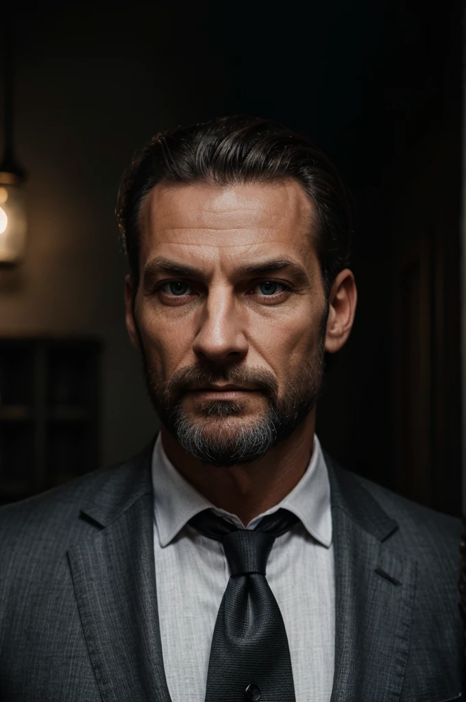 tight portrait, homme, 50 ans, muscle, yeux verts, cheveux noirs et gris, barbe grise, black three piece suit, dim light, fond sombre, maison ancienne