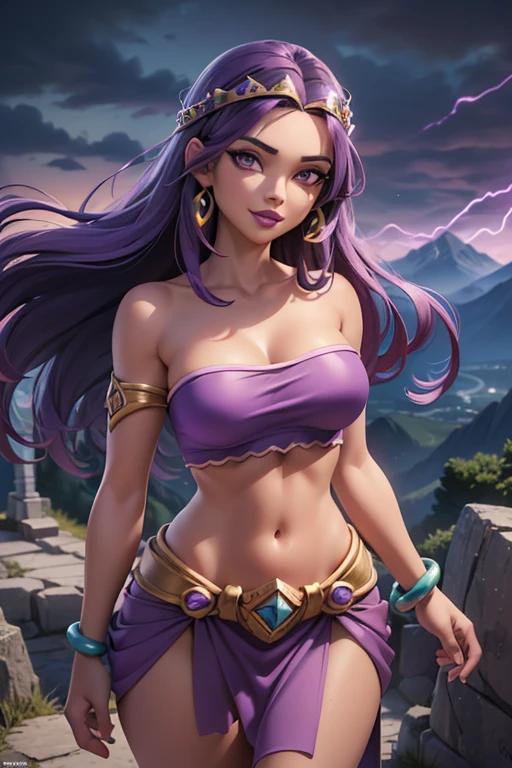 ((ultra quality)), ((masterpiece)), ((Purple-haired long hair)), (Beautiful face), (beautiful female lips), (Fantasy style, Fantasy setting), ((Sorceress)), (25 years old), charming, ((sexy facial expression)), looks at the camera, (dark skin color), (dark skin), glare on the body, ((Detailed eyes)), ((Purple eyes)), (juicy female lips), (purple lips), (purple eyeliner), (beautiful female hands), ((ideal female figure)), (Covered in Tattoo's), ideal female body, beautiful waist, beautiful hips, medium breasts, ((subtle and beautiful)), A seductive stance (She’s looking at the camera with an amused smile), (Wearing: headband, purple strapless top, purple mini-skirt, pelvic curtain, bracelets), both hands glowing bright purple, purple magic, bright purple sparks in both hands, (Background: Outdoors, stone temple, on top of a mountain, dark clouds in the sky, isolated tone, gorgeous view of the mountains), ((depth of field)), ((high quality clear image)), (clear details), ((high detail)), realistically, professional photo session, ((Clear Focus))
