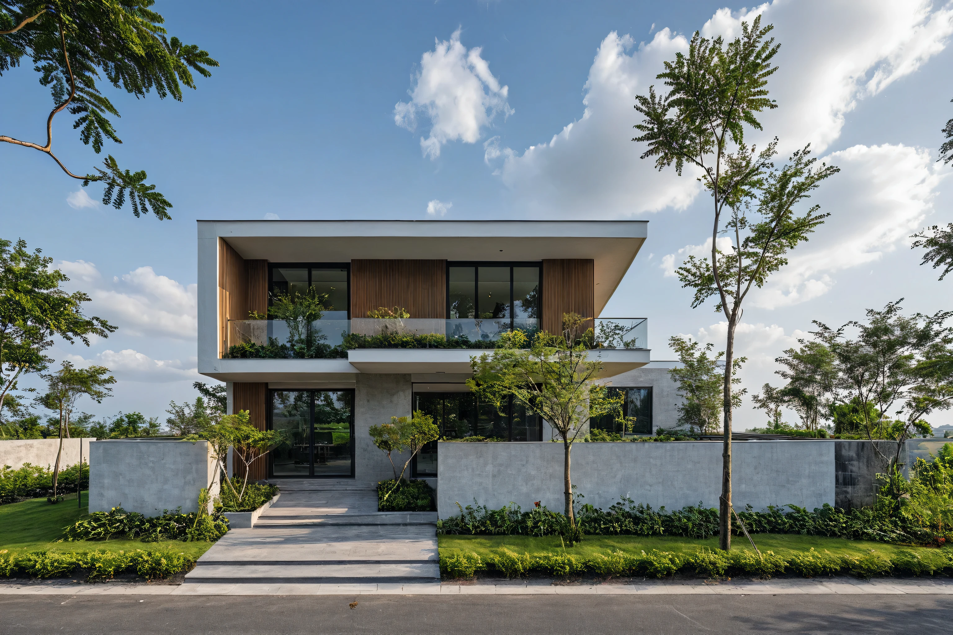 Masterpiece, high quality, best quality, authentic, super detail, outdoors, onestoreyvillaXL, aiaigroup, house style modern on the street ,stairs, white wall ,road,pavement, grass, trees, sky, cloud, (daylight:1.1)