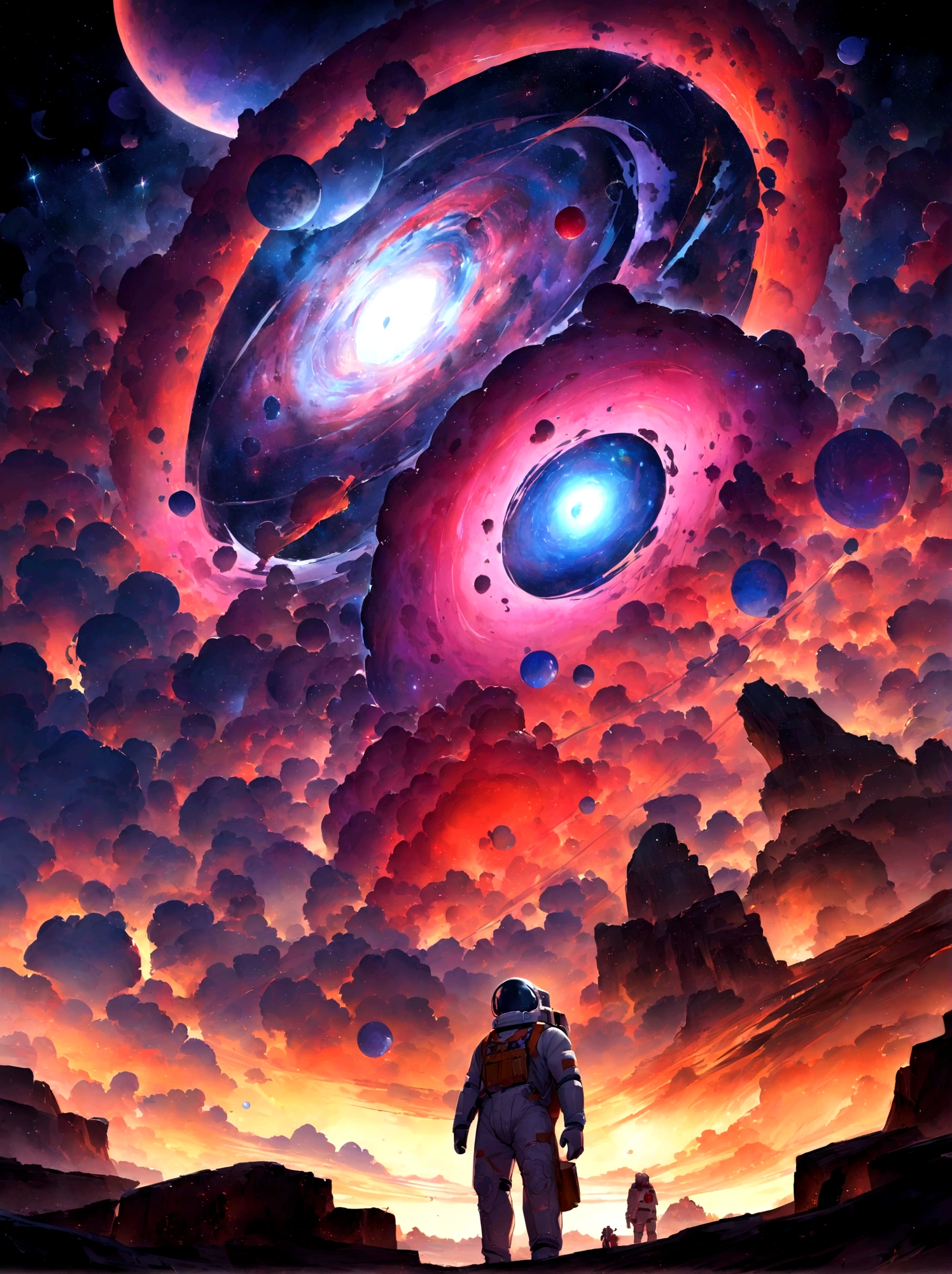 Man in costume'Astronaut standing on a rock looking at the galaxy, Greg Beeple, The endless universe in the background, Inspired by Cyril Rolland, Just Bartell, Head'Work of'Art Gem and Beeple, Cyril Rolland and M. W Karuta, Cyril Rolland and M.W Karuta, Beeple and Jeremy Kettner