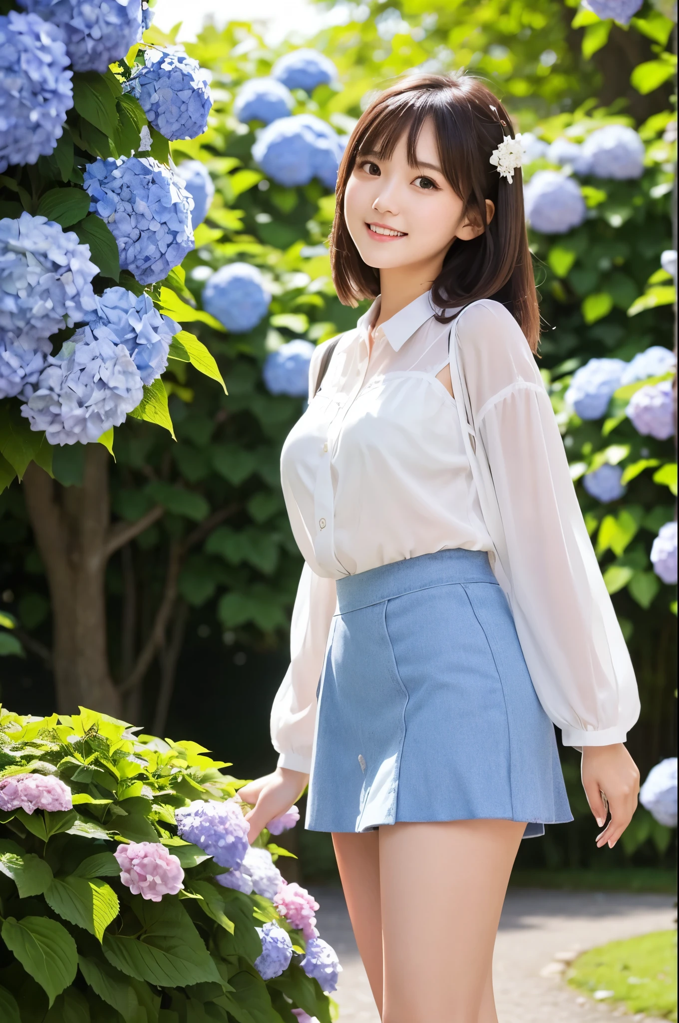 A cute 20-year-old girl standing in a park with hydrangeas in bloom(mini skirt)