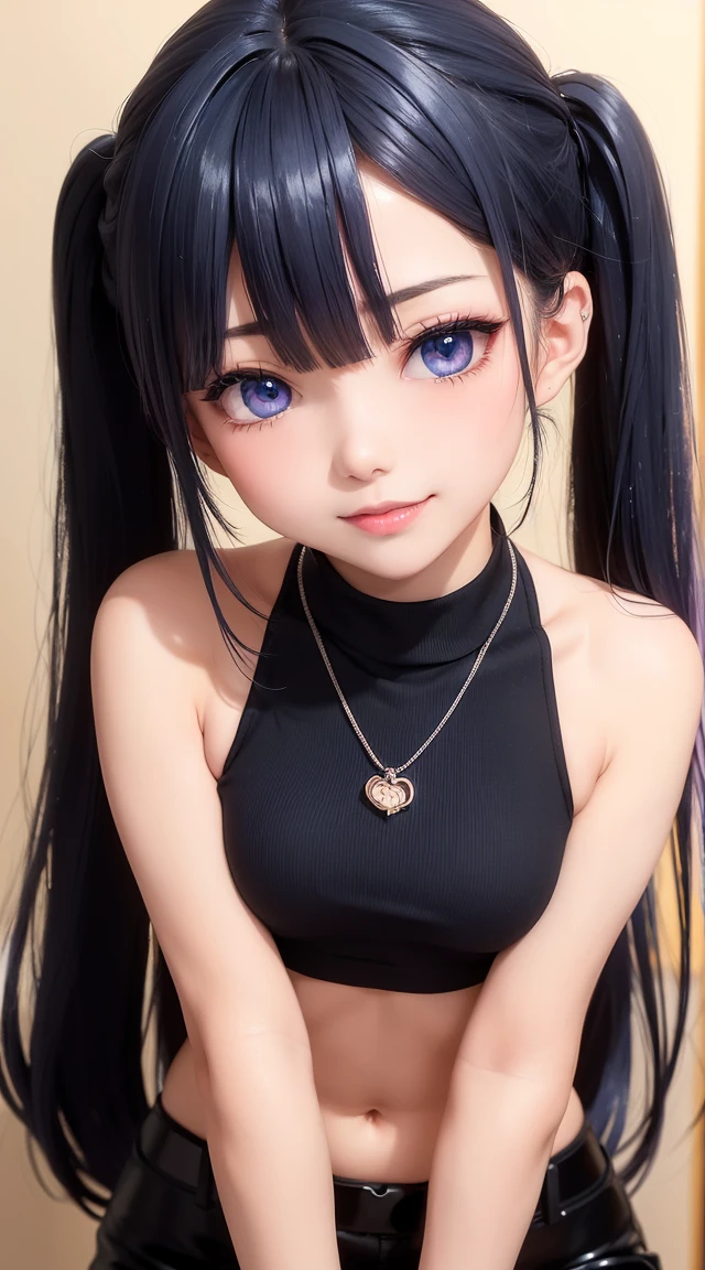  (masterpiece:1.3), (Best Quality:1.3), (Ultra-detailed:1.2), ((kawaii)), Cute, (lovely), ((sexy)), ((Extremely detailed)), 4K, (8K), Best Quality, (Beautiful), Illustration, anime style, (bold line:1.2), Gradation, looking at viewer, //, (bent down:1.1), (arms behind back), //, a cute girl, 1girl, (solo:1.2), gleaming skin, //, (flat chested), (Perfect eyes:1.2), (Perfect iris:1.2), //, darkblue hair color, (beautiful eyes) //, (half closed eyes:1.3), (sexual expression:1.2), Fascinated expression, smile, (blush:1.2), //, modern city background, on rock, twin tails, muscle girl, hard abs, exposed abs, NECKLACE, tight blouse, skirt