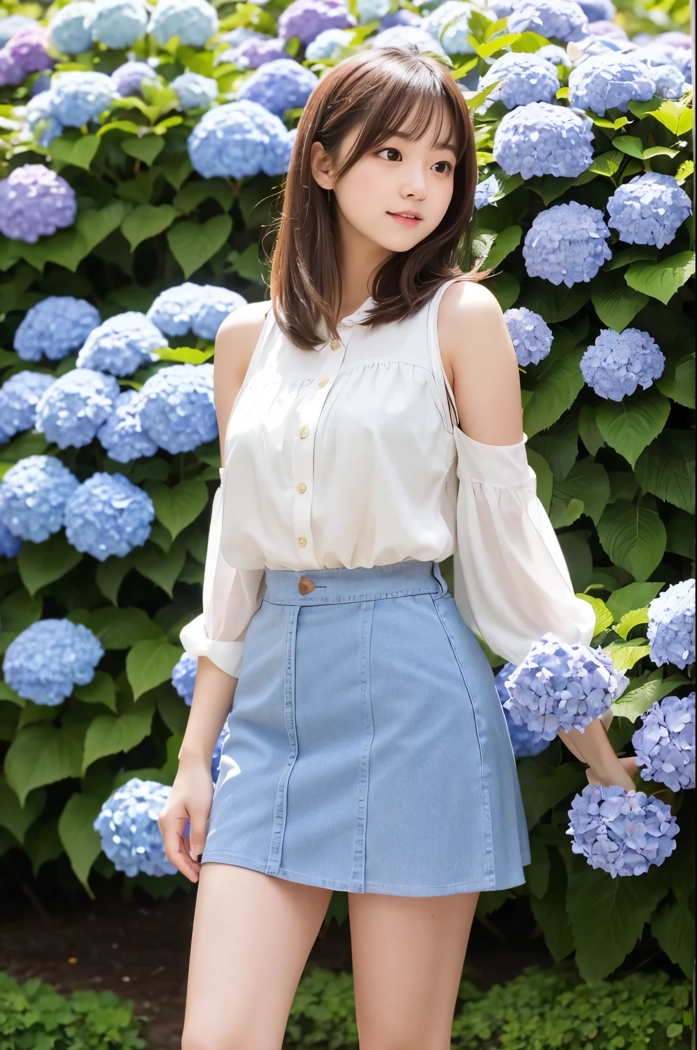 A cute 20-year-old girl standing in a park with hydrangeas in bloom（mini skirt）