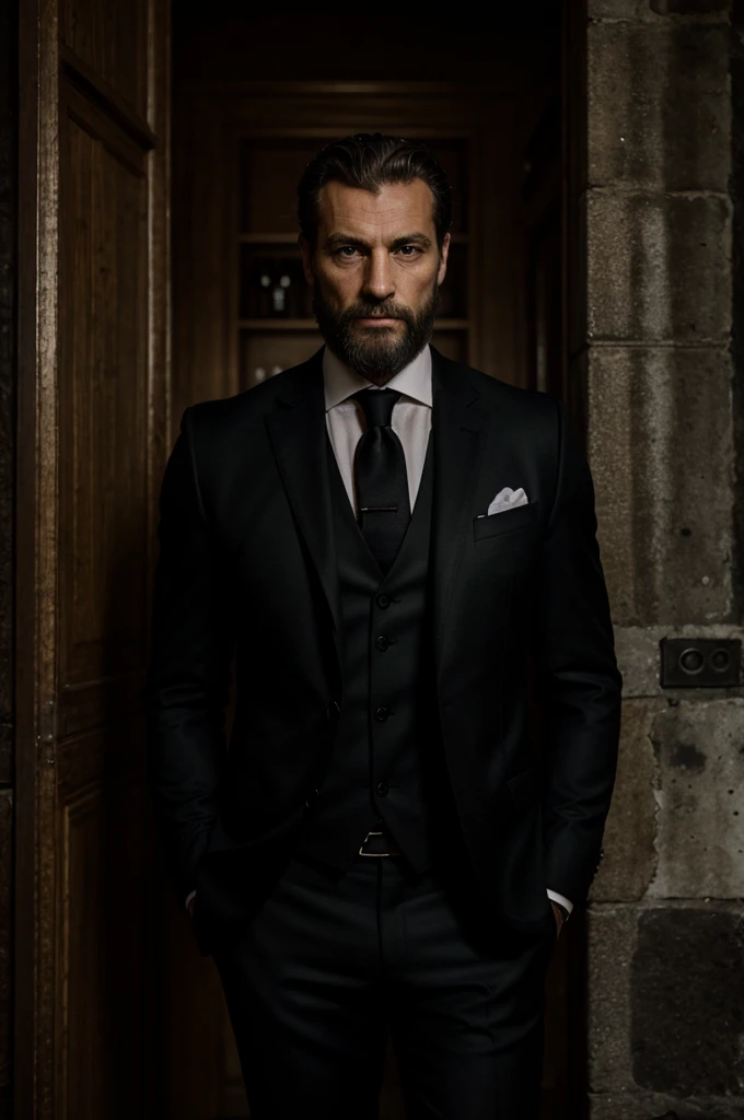 tight portrait, homme, 50 ans, muscle, yeux verts, cheveux courts noirs, barbe grise, black three piece suit, dim light, fond sombre, maison ancienne, 