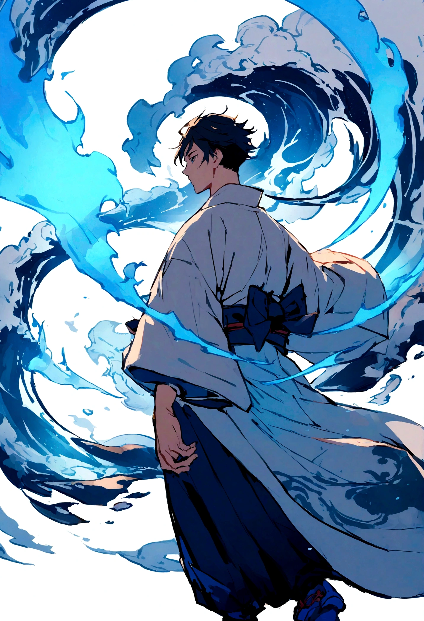 Japanese boys illustrator wearing Japanese clothes, with big blades, with blue fire, back with a sea wave design, zoom out, white background, 