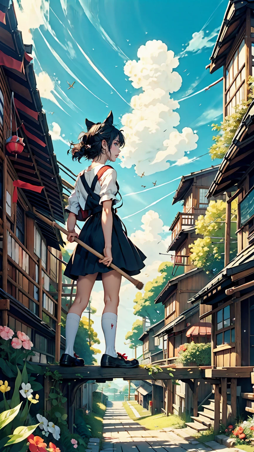 Studio Ghibli「Kiki&#39;s Delivery Service」Kiki、Wear a big red ribbon on your head、Black Hair、Shortcuts、17-year-old girl、Wear a black dress、Carry a large bag、Fly through the sky on a magic broom、Horizon cloud background、Pop image