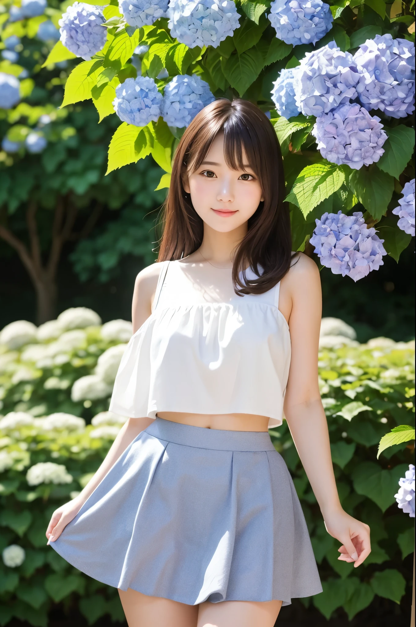 A cute 20-year-old girl standing in a park with hydrangeas in bloom(mini skirt)