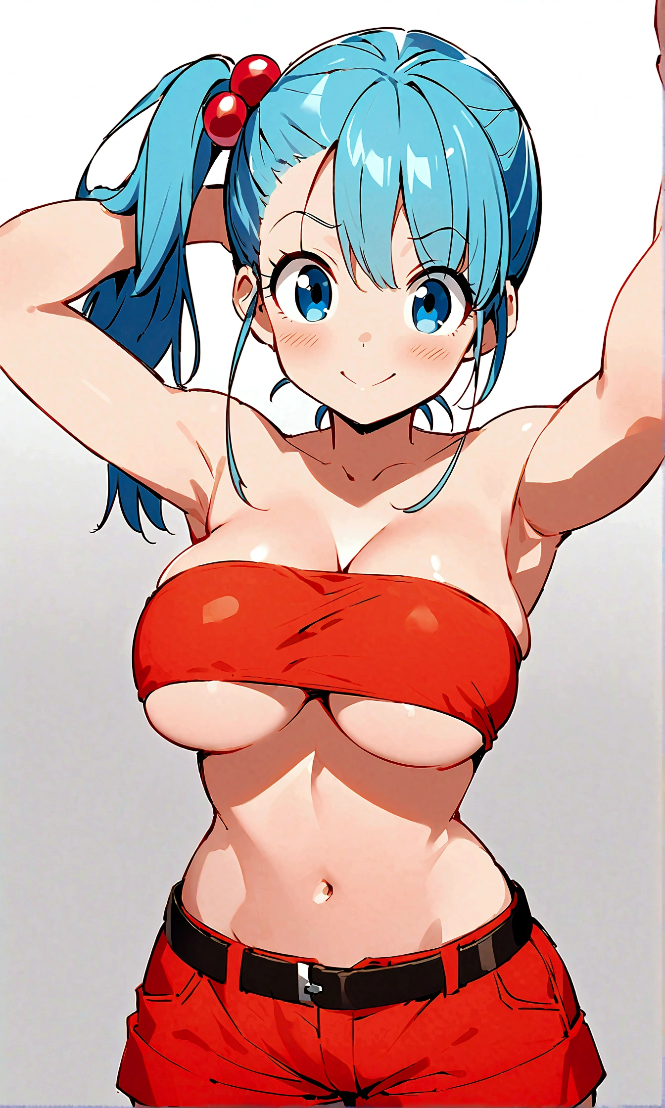 score_9, score_8_up, score_7_up, BREAK from front, ,macro shot,1girl,bulma, blue eyes, blue hair,bare shoulders, belt, cleavage, hair bobbles, hair ornament, hair over shoulder, ,large breasts,midriff, navel, one side up, red tube top, shorts, side ponytail, (strapless, tube top,under_boob:1.2),(arms up,arms uo behind,contrapost,standing),