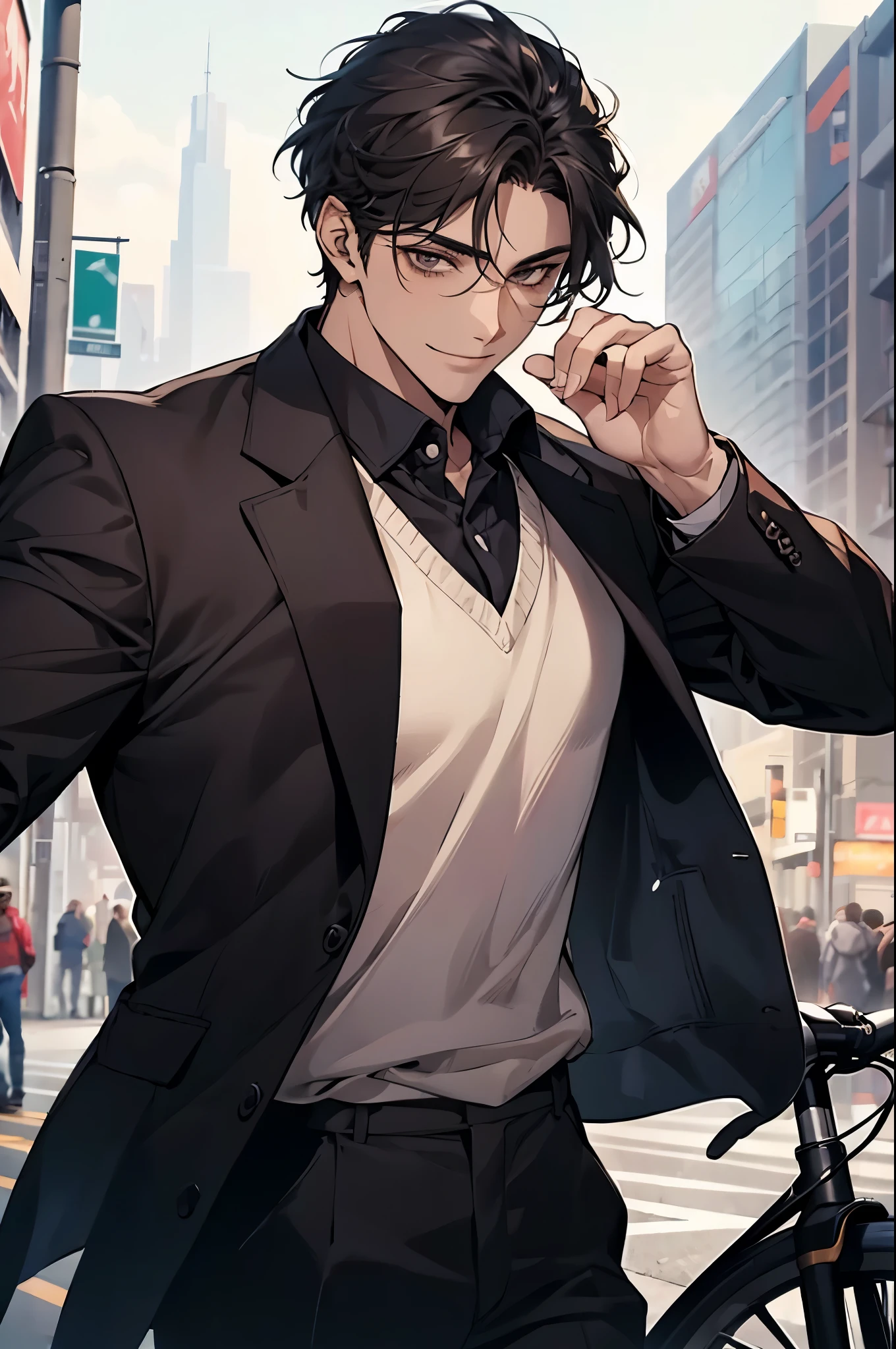 black eyes, a handsome young man with a confident smile, looking at the viewer. He is wearing casual clothes and is holding a high-end mountain bike