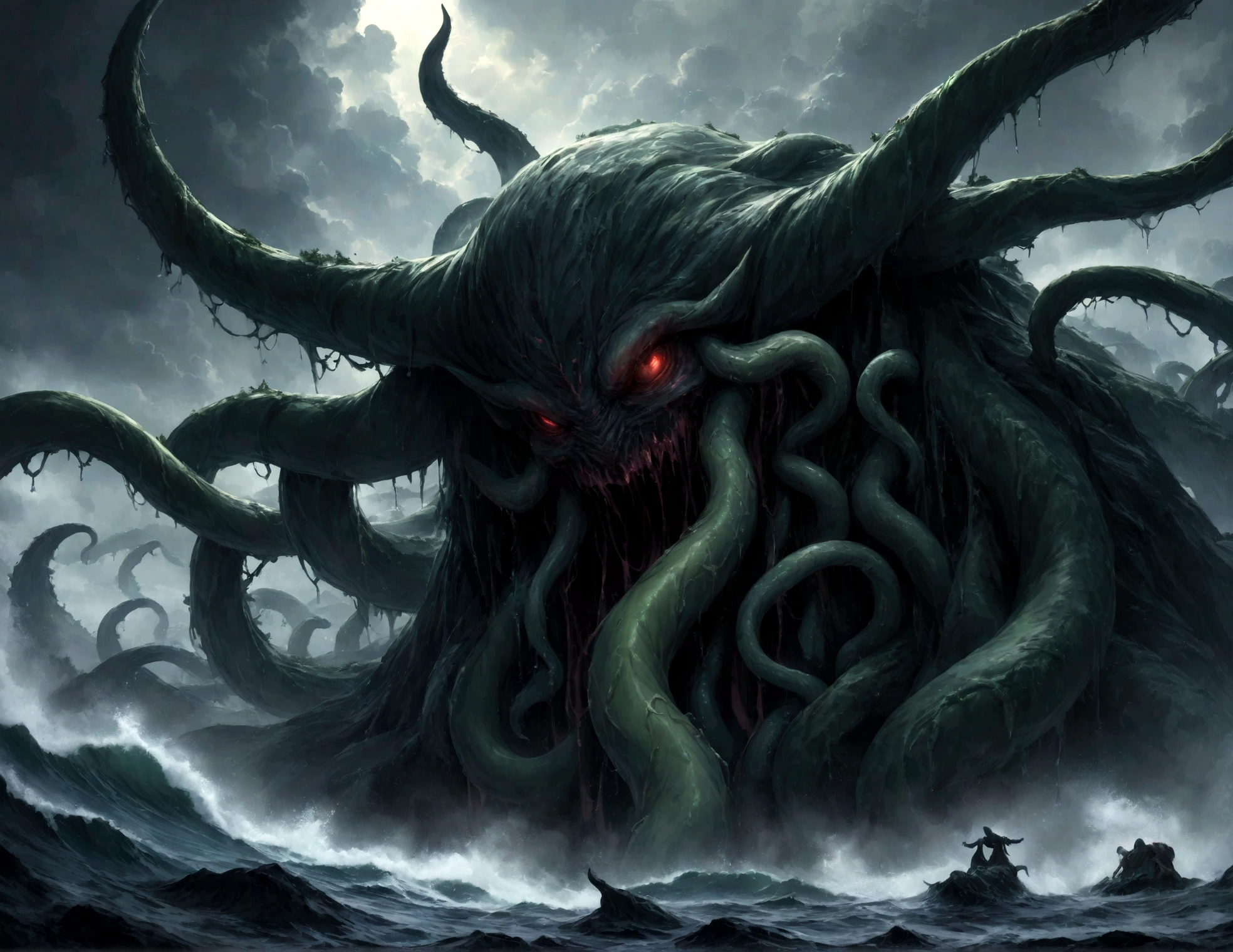 A dark fantasy scene depicting the terrifying creature Cthulhu,emerging from the abyss. The monstrous figure,shrouded in shadows,has large,(menacing tentacles reaching out toward the viewer:1.3),The atmosphere is eerie and foreboding,with a stormy,nightmarish sky filled with swirling dark clouds. The sea below is turbulent and foamy,reflecting the chaos above. Dim,ghostly lights illuminate parts of Cthulhu’s form,enhancing the horror. The viewer feels an intense sense of dread as the tentacles draw nearer,creating a gripping,immersive experience.,(masterpiece:1.3),(highest quality:1.4),(ultra detailed:1.5),High resolution,extremely detailed,unity 8k wallpaper,(Draws a dark and decadent background,Expresses the fear that the viewer feels,collapses the bottom of the image,Know the love of the god of chaos,Please express it artistically by blurring it in some places.),Dynamically,Sense of presence,fear,despair