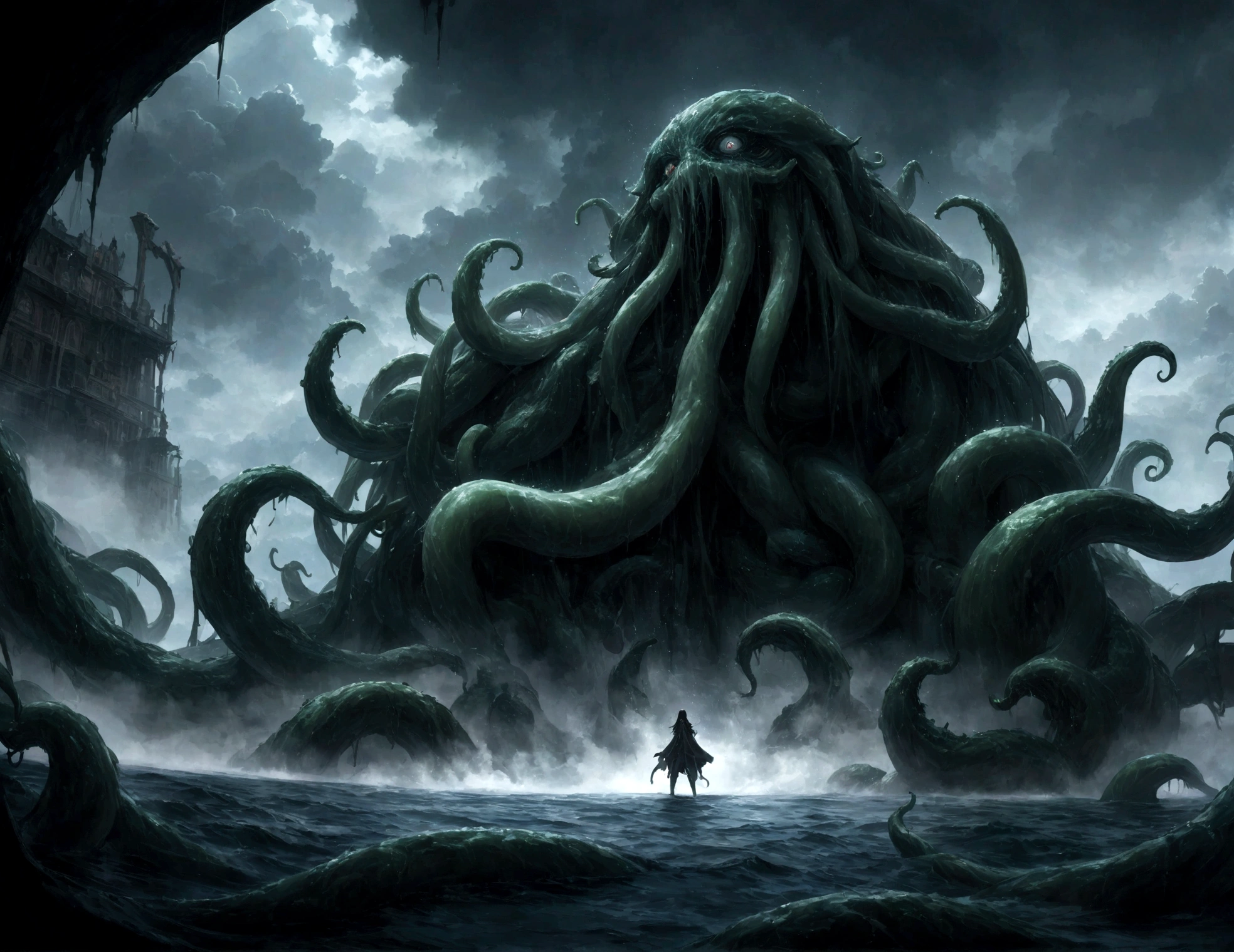 A dark fantasy scene depicting the terrifying creature Cthulhu,emerging from the abyss. The monstrous figure,shrouded in shadows,has large,(menacing tentacles reaching out toward the viewer:1.3),The atmosphere is eerie and foreboding,with a stormy,nightmarish sky filled with swirling dark clouds. The sea below is turbulent and foamy,reflecting the chaos above. Dim,ghostly lights illuminate parts of Cthulhu’s form,enhancing the horror. The viewer feels an intense sense of dread as the tentacles draw nearer,creating a gripping,immersive experience.,(masterpiece:1.3),(highest quality:1.4),(ultra detailed:1.5),High resolution,extremely detailed,unity 8k wallpaper,(Draws a dark and decadent background,Expresses the fear that the viewer feels,collapses the bottom of the image,Know the love of the god of chaos,Please express it artistically by blurring it in some places.),Dynamically,Sense of presence,fear,despair