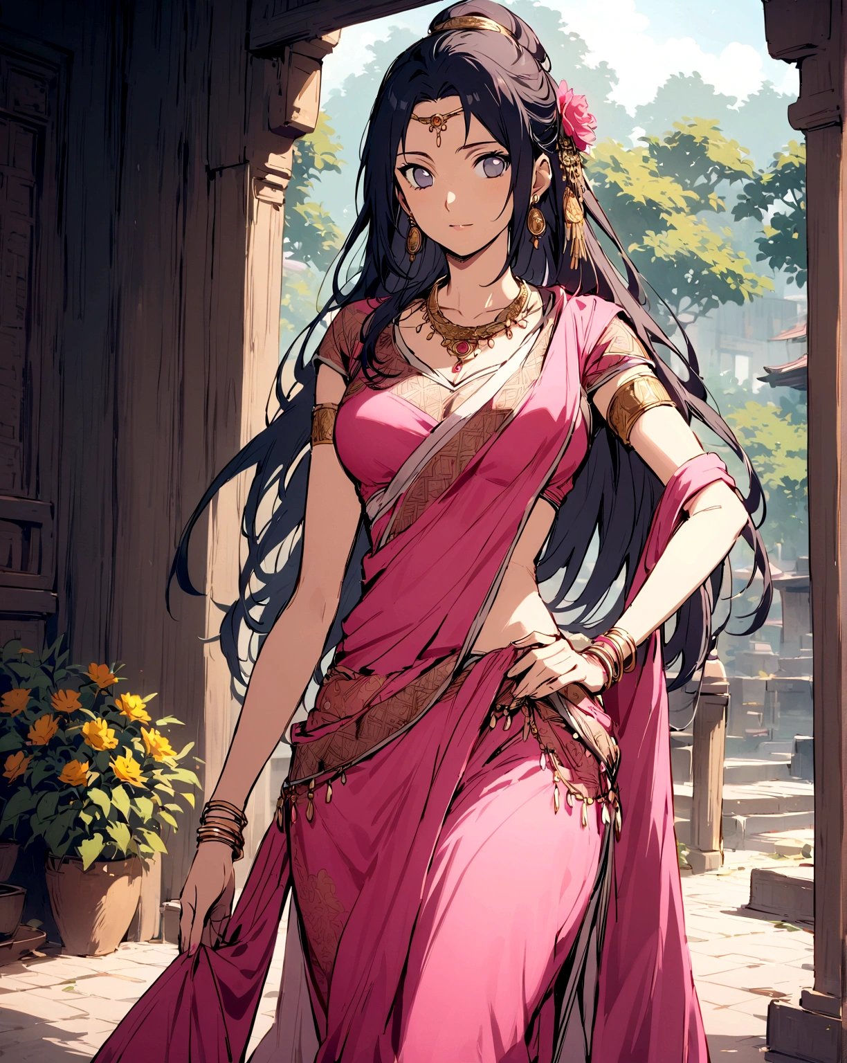 Hinata Hyuga (from Naruto),A beautiful, traditional Indian saree. You can choose a specific region's style for the saree, like Kanjeevaram or Banarasi.
The saree can be a pastel color that complements Hinata's hair and eye color, or a vibrant color that reflects her newfound confidence.
Include elegant jewelry like bangles, earrings, and a necklace that would suit Hinata's personality, Hinata standing gracefully, perhaps with one hand behind her back, and the other hand curved at her hip, focus on capturing Hinata's gentle beauty and newfound confidence,Indian dress,saree