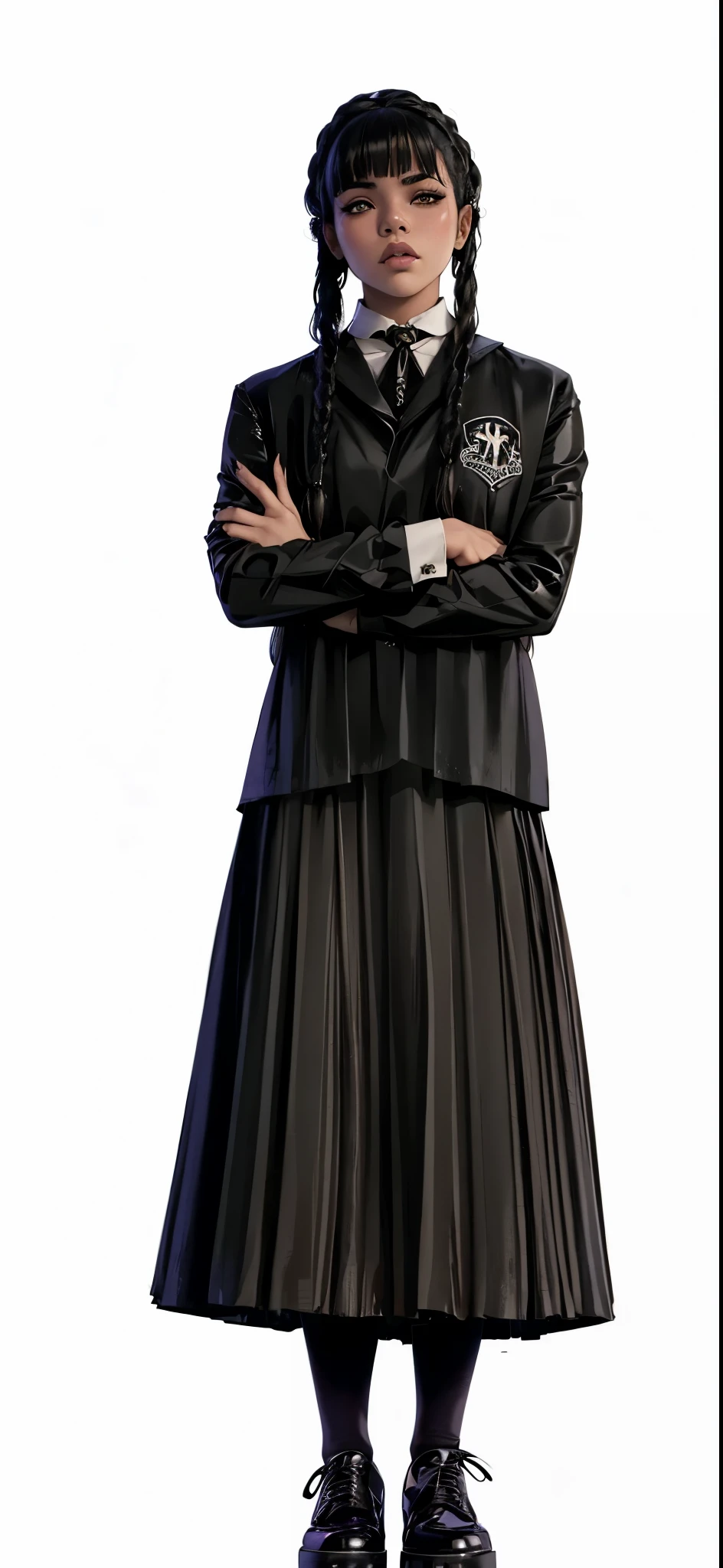 Jenna Ortega as Wandinha Addams, extremely realistic, very beautiful, black clothes, gothic, sexy, big ass, thick legs, Fitness, sensual
