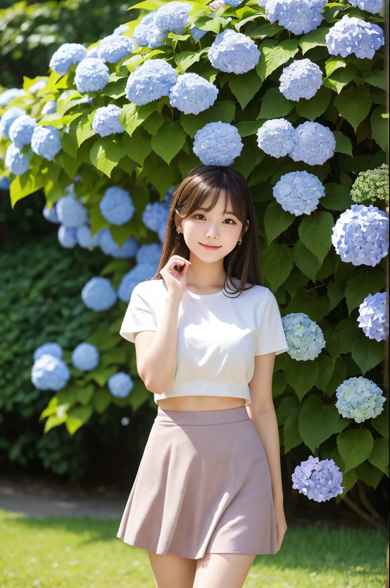 A cute 20-year-old girl standing in a park with hydrangeas in bloom（mini skirt）