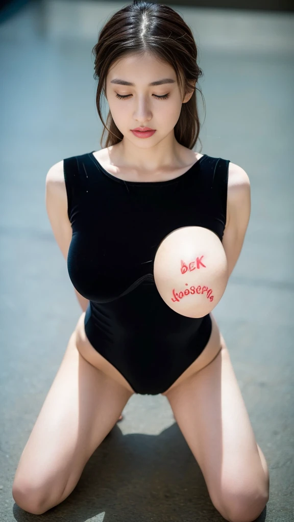 (One breast naked)、(Wearing a black leotard)、(Close your eyes)、(arms are behind back)、 (Kneeling)、(Shoot from above)、 ((Best Quality, 8K, masterpiece :1.3)), Full body、beautiful girl with perfect figure :1.4, Slender Abs :1.1, ((Huge breasts :1.2)),Ultra-detailed face and skin