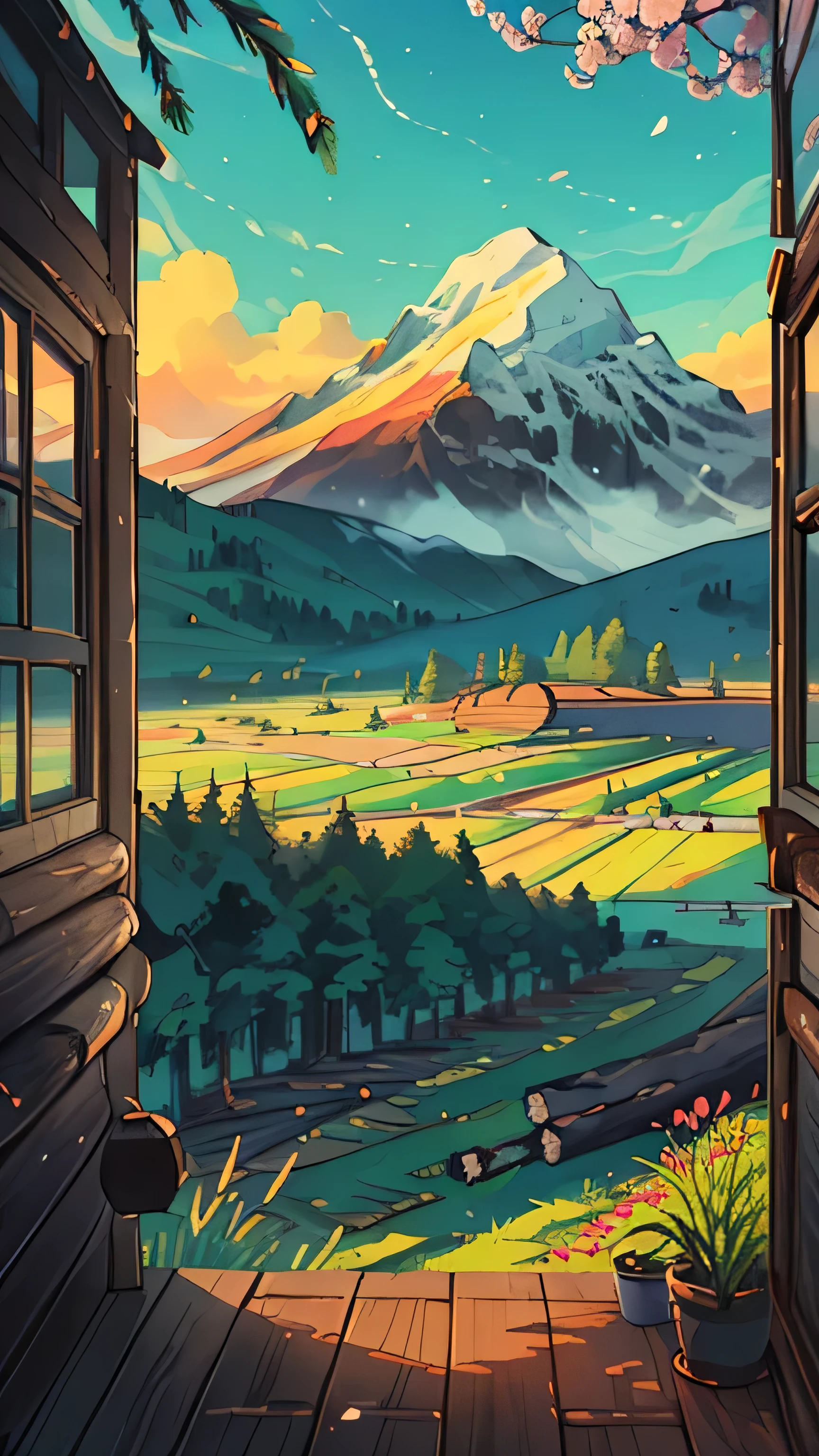 (masterpiece:1), (wide view:1.8),(red wooden hut:1.5), (nature:1.3), (sunny day:1.6), (long panicum grass:1.65), silence, (windy environment:1.5), (big mango tree:1.5), (colorful flowers in foreground:1.7), (bright light:1.5), magnificent sky, (pine forest behind:1.6), (snow covered mountains:1.4), (bright vibrant colors:1.6), (volumetric light:1.2), peaceful, (greenery:1.5), (aesthetically pleasing:1.5),(blue sky:1.6), (calmness:1.3), (evening time:1.5), (scenery:1.4), (beautiful aesthetics:1.2), (landscape:1.5), (wooden logs:1.4) beautiful tones, subtle colors, peaceful, (illustration: 1.0), epic composition, realistic lighting, (no human:1.6), HD details, masterpiece, best quality, ,