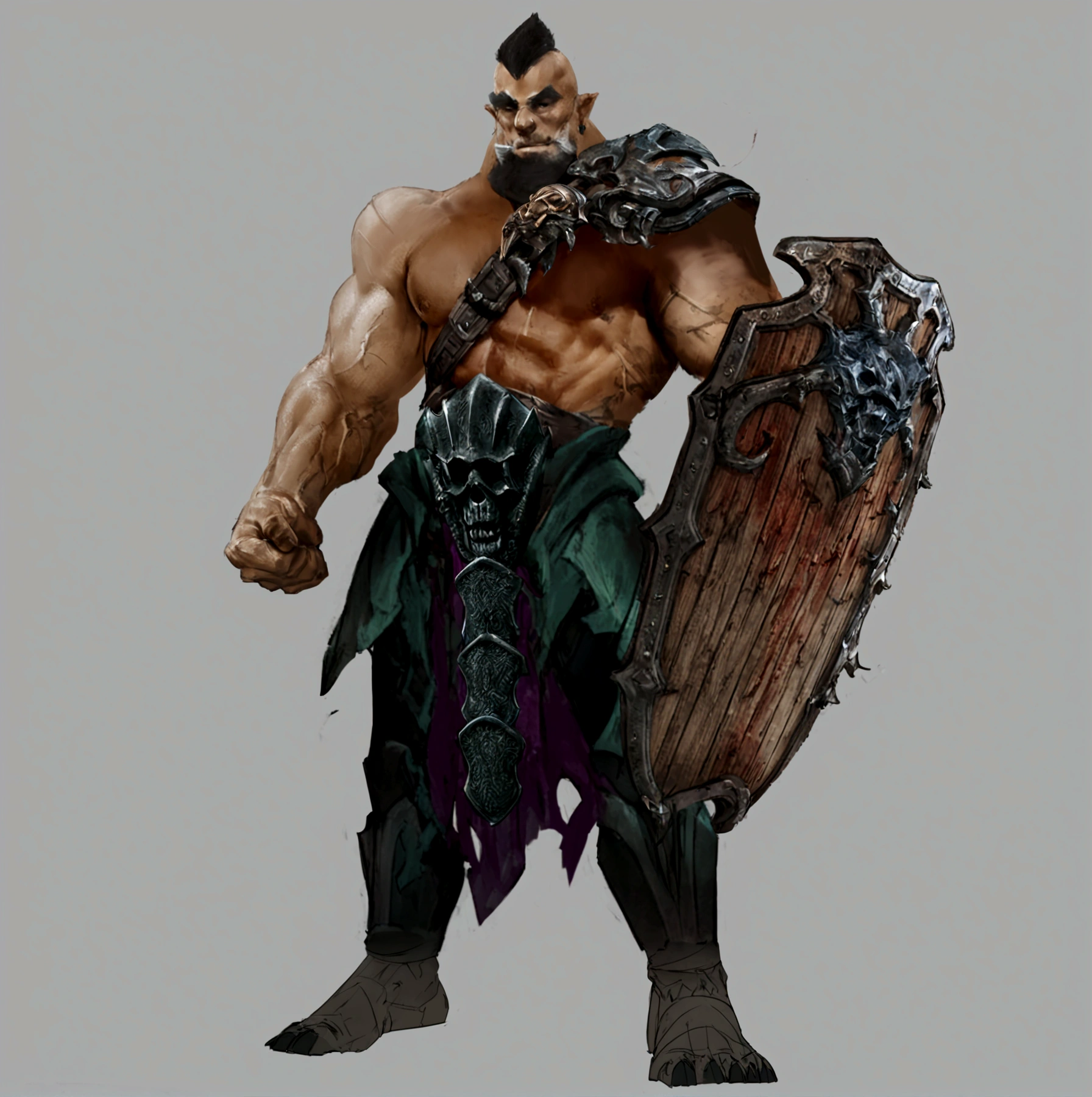 Close-up of a man holding a shield, Warrior concept art, barbarian class, Riot Games Concept Art, dnd giant character concept, Samurai character design, heroic Fantasy character concept, League of Legends concept art, Video game character concept, role playing game (RPG) concept art character, Whole body concept, muscular character, Fantasy character concept, Game character concept art
