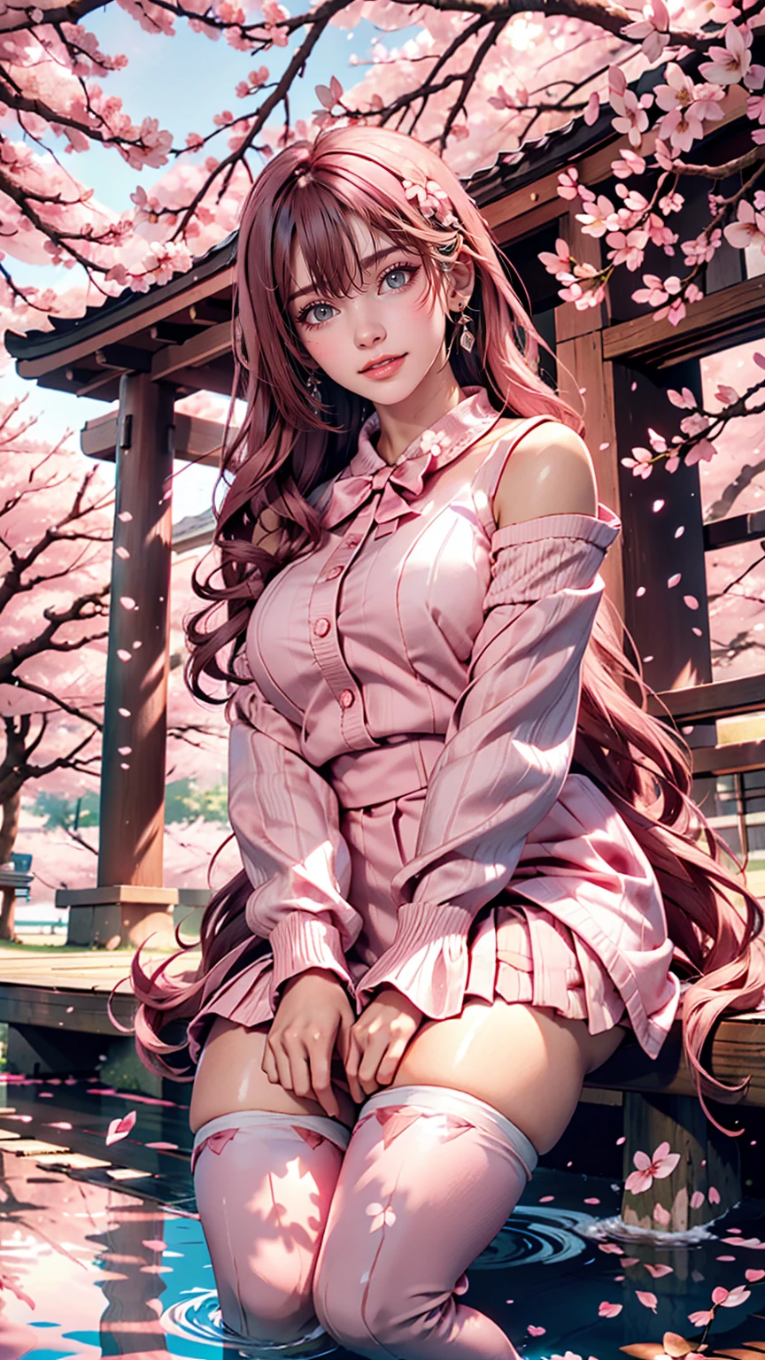 sakuramiku, Upper Body, smile, blush, Sitting, ((cherry blossoms)), ((Pink sleeves)), Pink Tone, ((Pink Stockings)), Pink Sky, sunset, lake, reflection