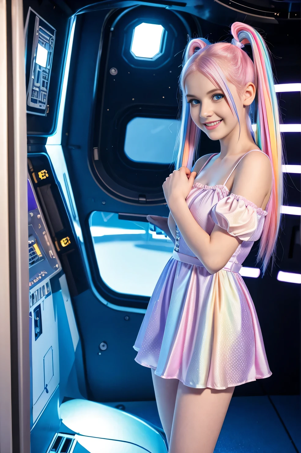 cute 19-year-old neon haired woman, pale white skin, happy, smiling, in twin tails, perfect blue eyes, pale goth skin, silky smooth skin, flying a fancy metal luxurious space ship, futuristic cockpit, she's a pilot, outer space seen in windows, dark warm lighting, wearing a futuristic dress, pleated (chemise) mini dress (pastel rainbow colors, and polka dots), puffy sleeves, silk, pantyhose, cute short cut booties, boots.