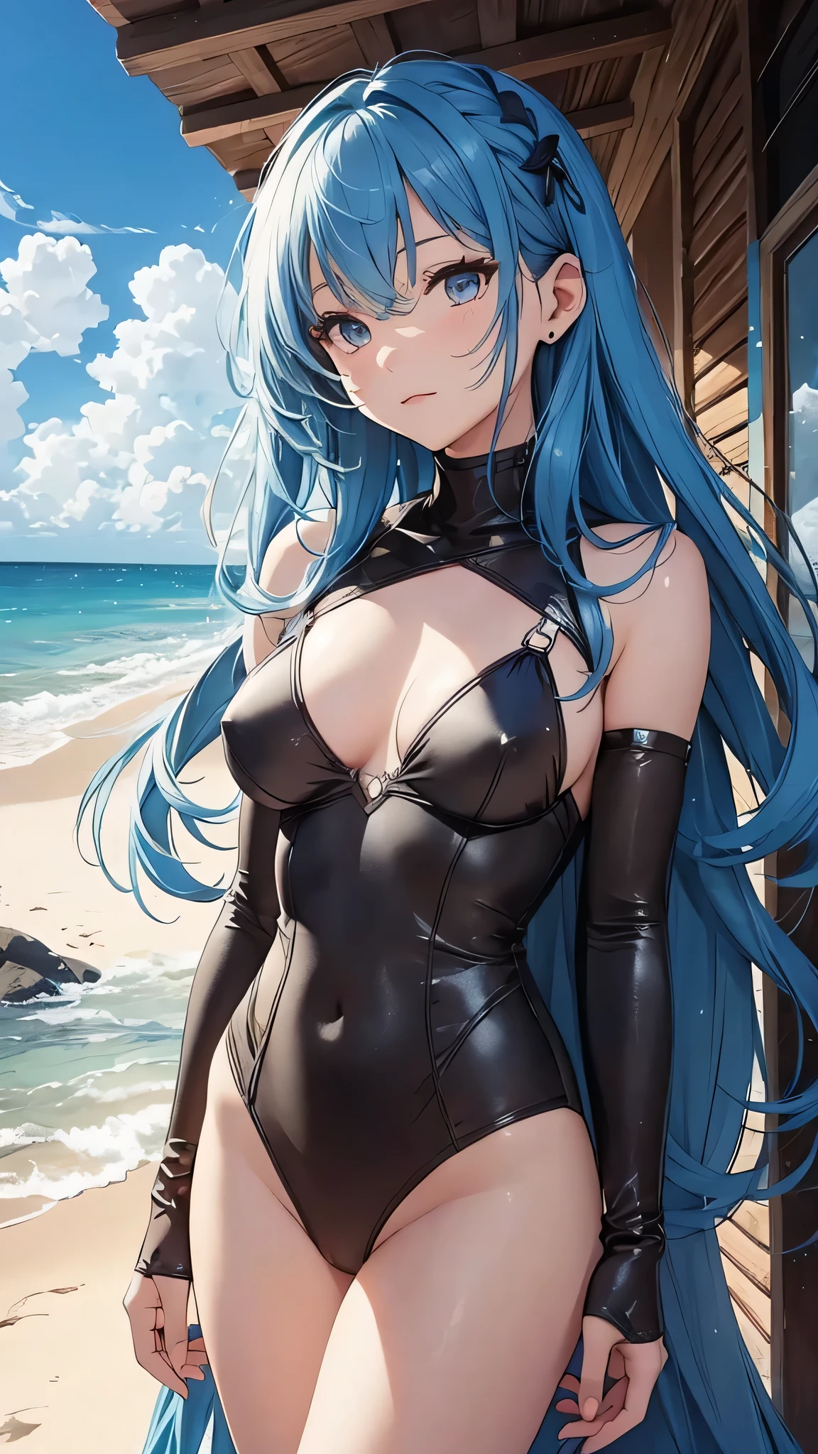 Highest quality、Highest quality、Masterpiece、girl((20-year-old、as soon as、Highest Bust、Medium Bust、Wide open chest、Red glowing eyes、Light Blue Hair、Disheveled Hair、Loincloth、thin、The best valley、Open chest、Full body view、NSFW((Upper body naked、Lower body naked))、On all fours、Completely naked))、high quality、Beautiful Art、background((Ocean、Wave、beach、Palm tree、Nudist Beach、Ocean House))、flight、Flying Debris、Depth of text、movie、Visual Arts、Perfect Art、8K、Genuine、Special Angles