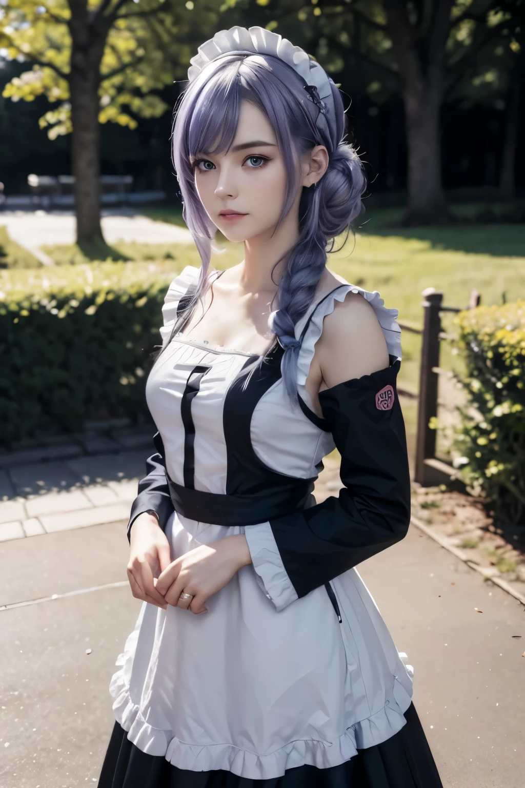 Here are tooltips for specific topics:.: "girl with european face, arian face, 20 years old, silvery purple hair, light purple-blue hair, bright blue eyes, Her hair is tied in a bun and falls to her right shoulder.. (Wear comfortable maid clothes..: 1.3), (((dark colored clothes))), Tight-fitting clothing, (best quality, 4K, 8K, highest resolution, masterpiece:1.2) Very detailed features, realistic inclusion, Realistic eyes and face. The picture shows the media (insert material) It's similar to the illustration., oil painting, or 3D rendering. Girl in garden with bright flowers and sharp focus, soft studio lighting. The overall atmosphere is quiet and calm., with supernatural beauty. The color scheme is dominated by black shades., Creating dreamy and surreal aesthetics."