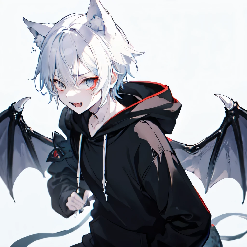 1Boy, Boyish, Catboy, Fangs Showing, Ultra-detailed Ice-colored Dragon Eyes, Eye-focus, Snow-White Hair, Head Shot, Cute Expression, Tight Hoodie, Spell Casting Sword, Black Wings, Plain Background