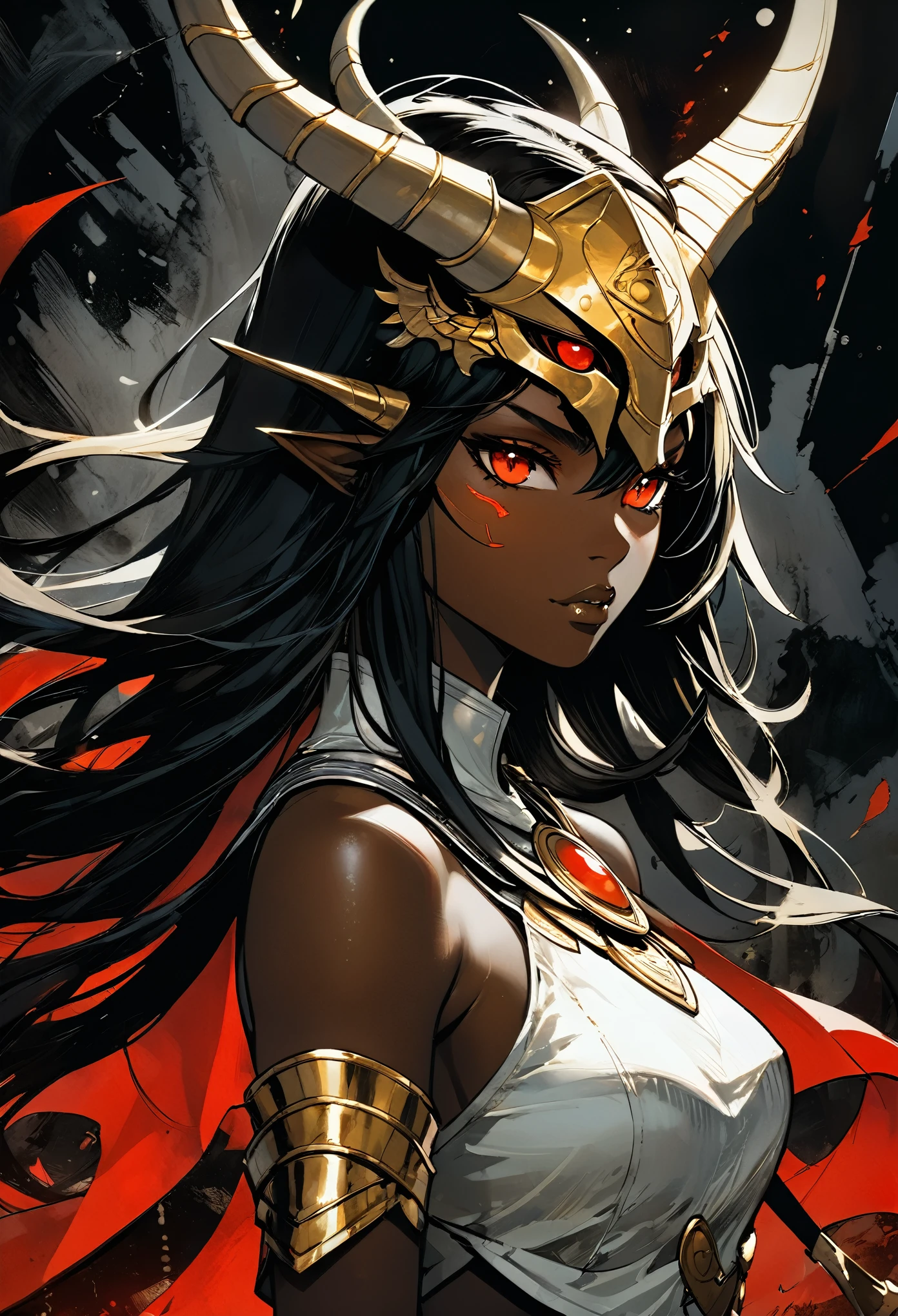 (in style of Ashley Wood:1.4)，super fitness，There is a piece of digital art, This painting depicts a girl with a golden head and horns warrior, glowing red eyes，movie shot，Lightning Effects，，unfinished, incubation (texture)，black battlefield background，natural lighting，dark skin，dark atmosphere，Dragon Knight full body photo, Mysterious Anubis and Valkyrie, Super detailed fantasy characters, dragon portrait, black balance color, white and red，sleipnir&#39;photo, ghost of anubis, 4K details fantasy, Polaroid Counting Trends, zbrush competition champion, Draw using zbrush, ZBrush Central Competition Champion, warrior, (The whole body is covered with blood:1.2)