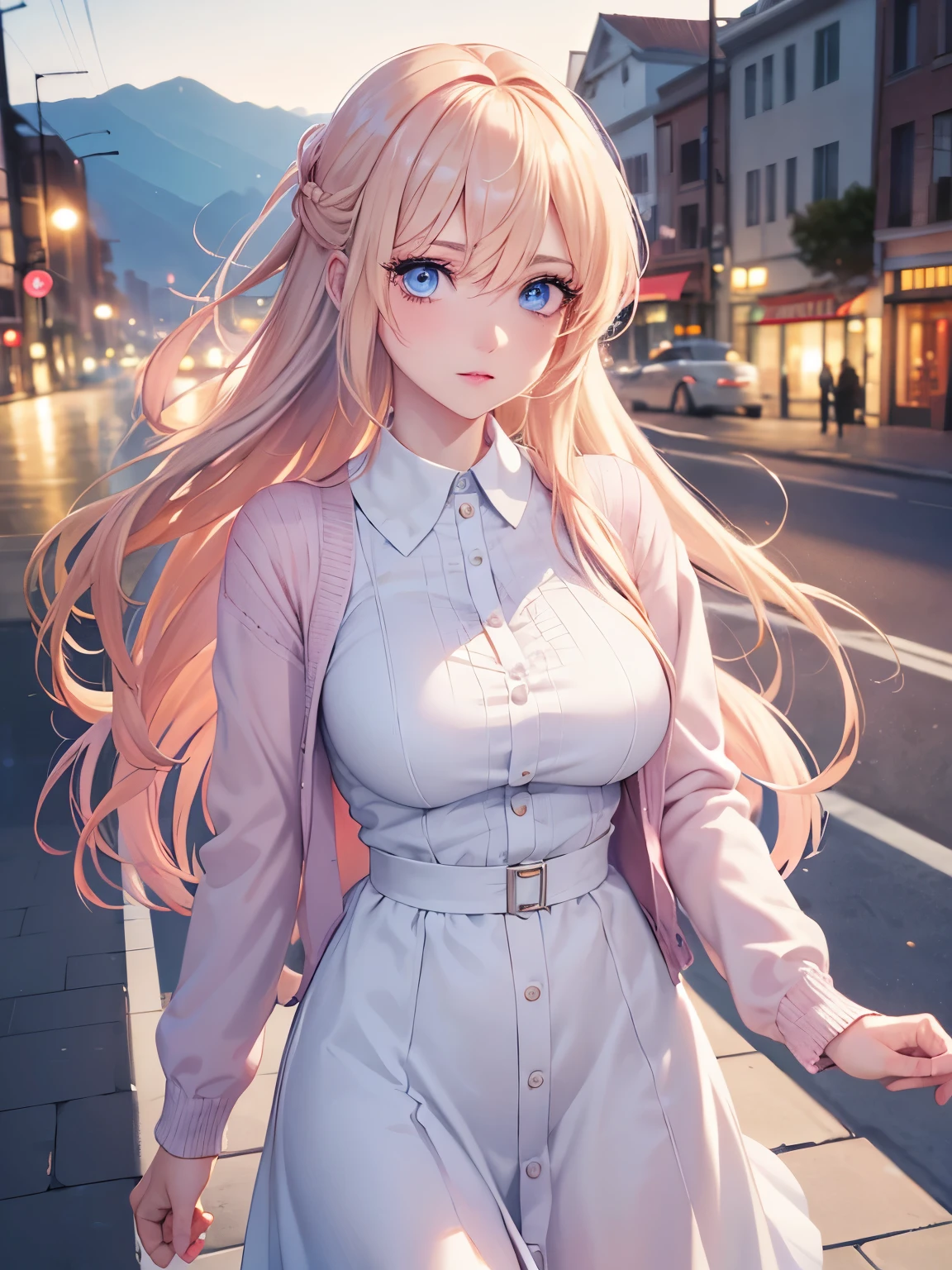 1woman,walking ,blue eyes, Beautiful makeup, long eyelashes,early in the morning,stunning,half body photo, very detailed face,cute,,HD face, perfect face,Short white dress, pink cardigan,very big breasts,Blonde hair,blonde hair,bangs,long hair, straight hair,ultra detail,ultra Hd, masterpiece,4k