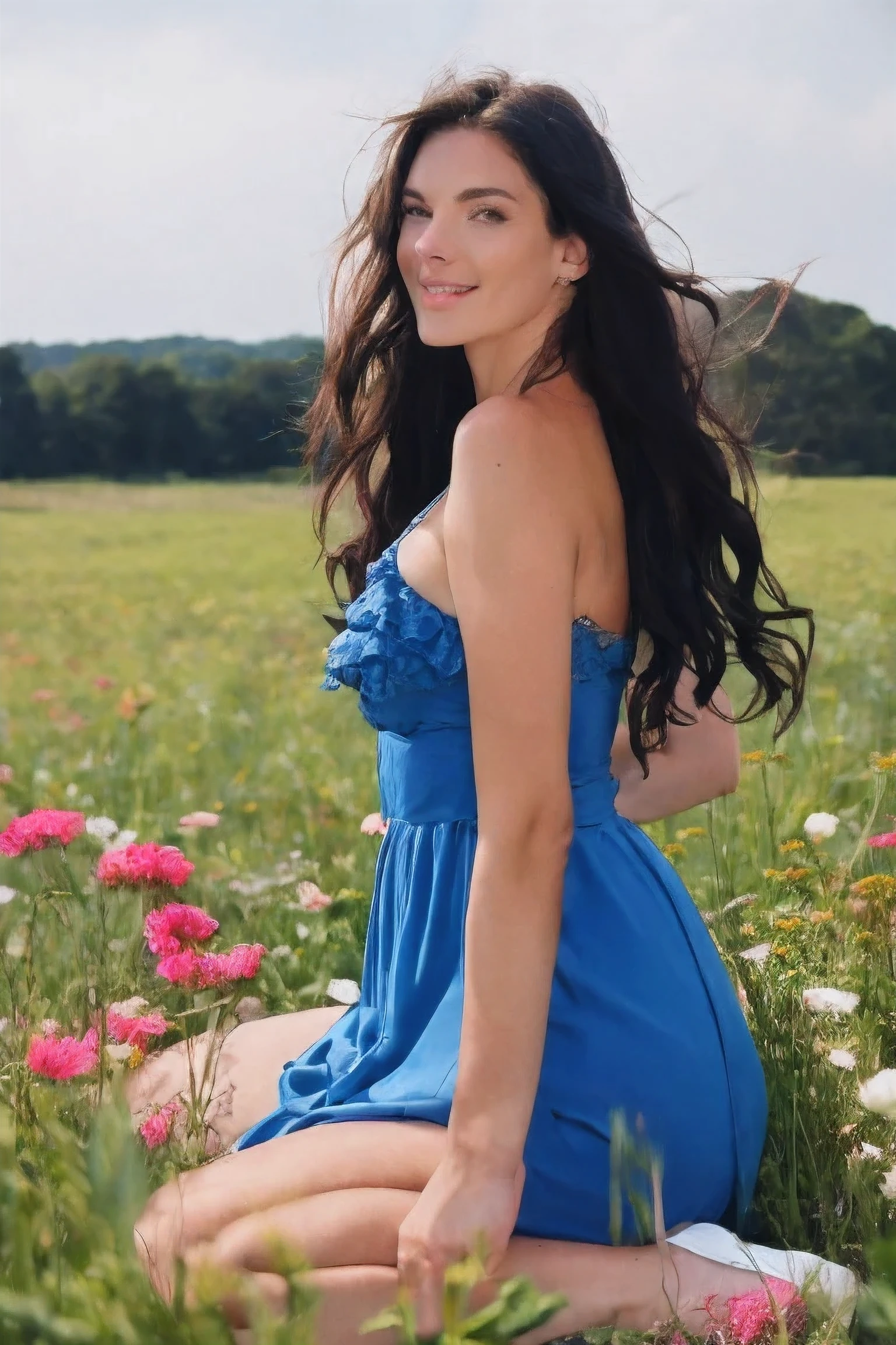 front view, Stunning and happy woman with long curly dark hair., Wearing a blue dress, sitting in a field of beautiful flowers.