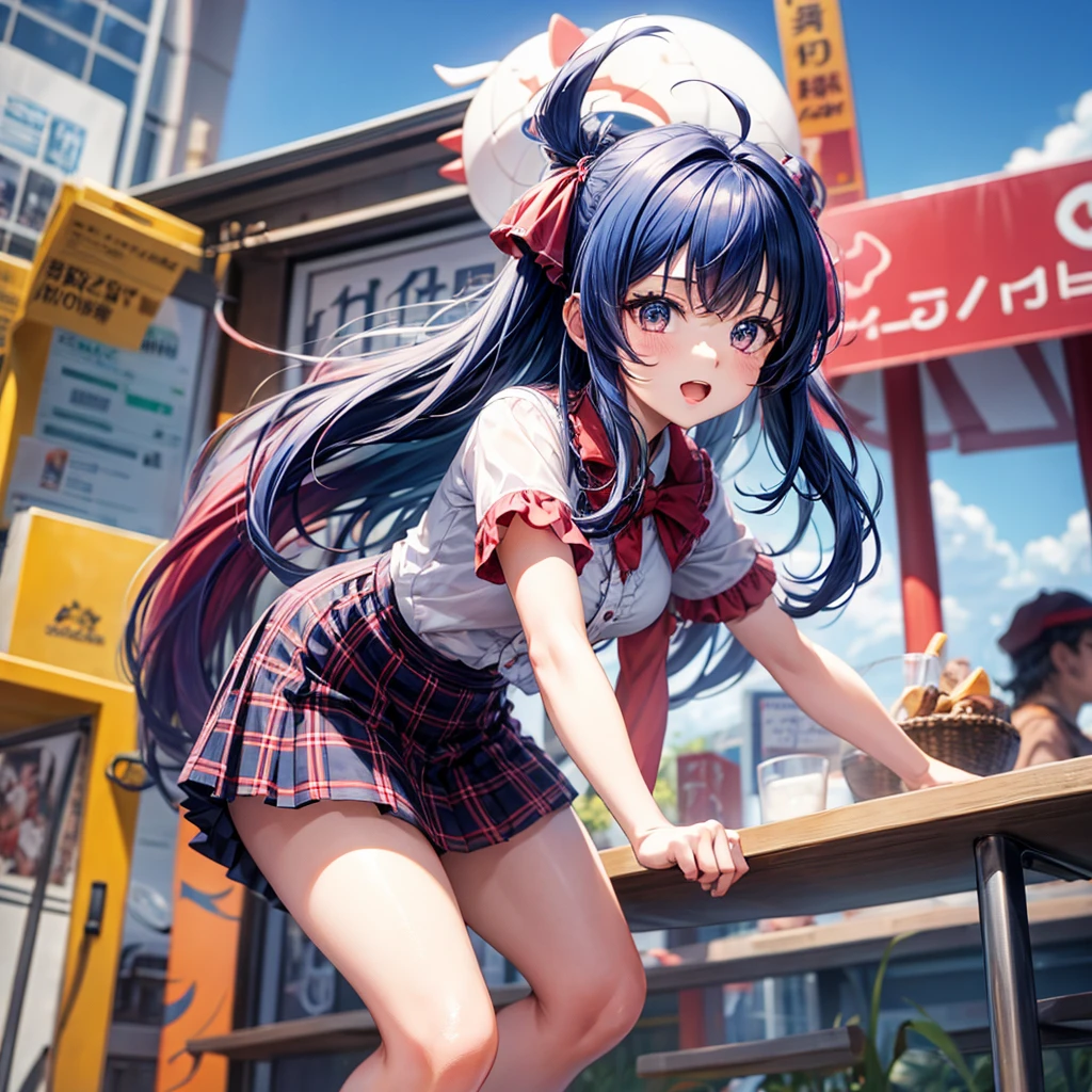 Red Blue Hair、One good looking girl、anime、Checkered mini skirt、Ruffles on the skirt