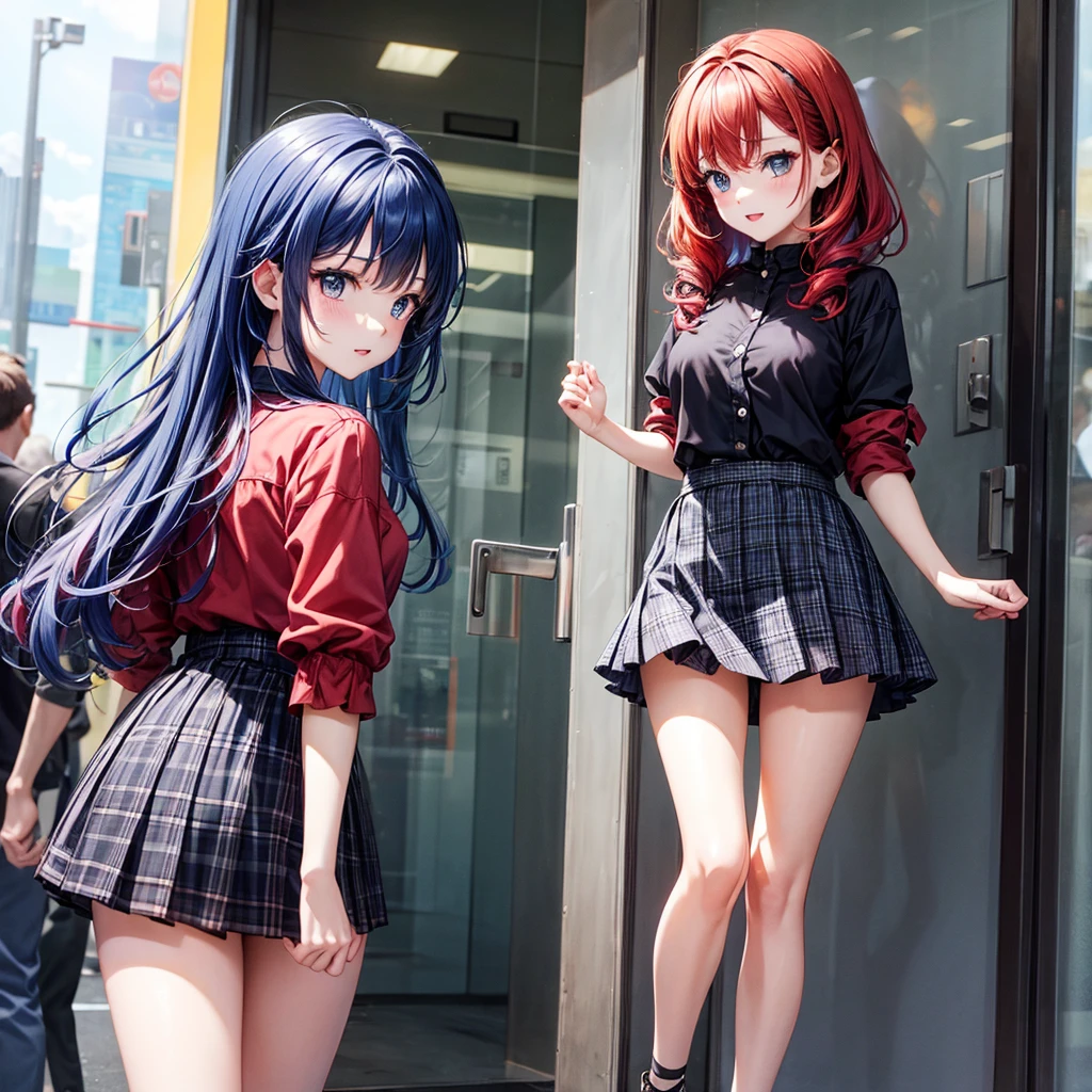 Red Blue Hair、One good looking girl、anime、Checkered mini skirt、Ruffles on the skirt