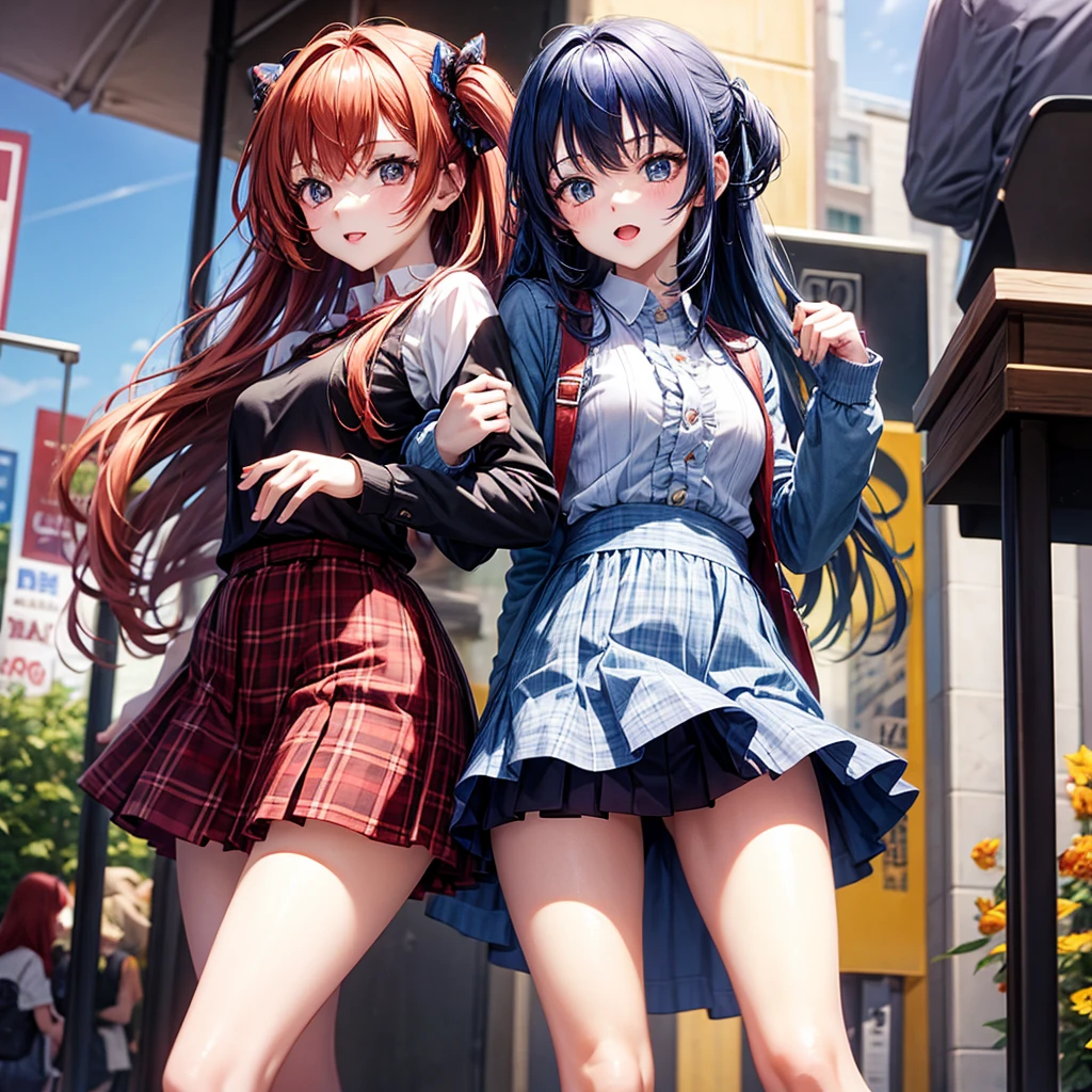 Red Blue Hair、One good looking girl、anime、Checkered mini skirt、Ruffles on the skirt