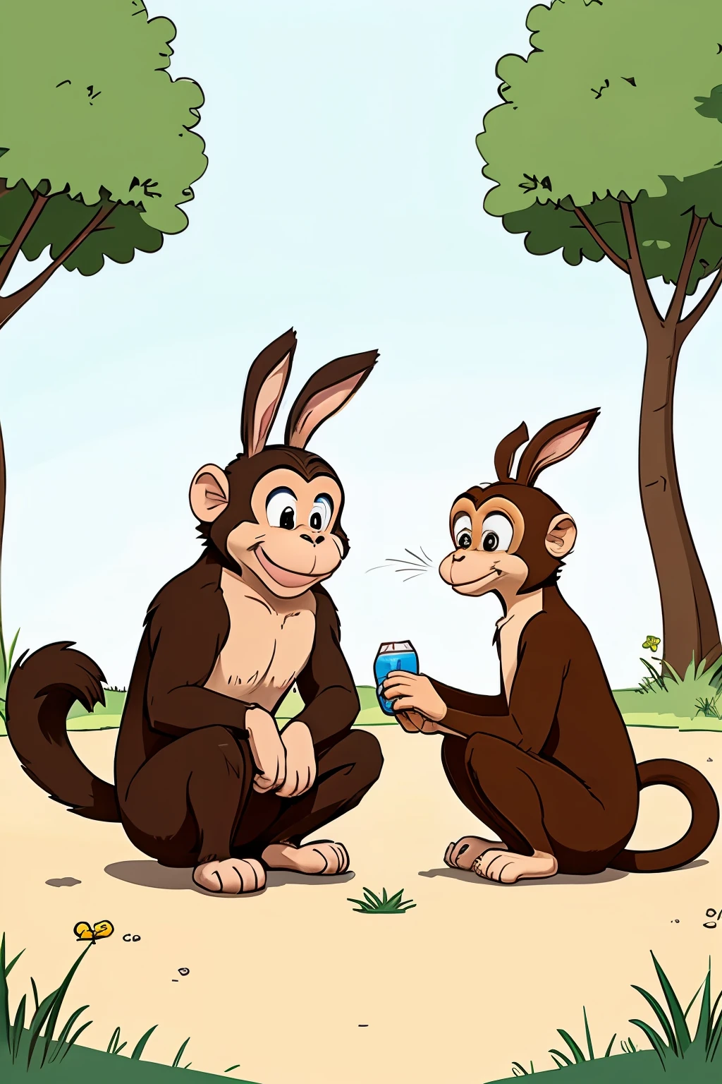 Once upon a time, a rabbit and a monkey lived together. cartoon style
