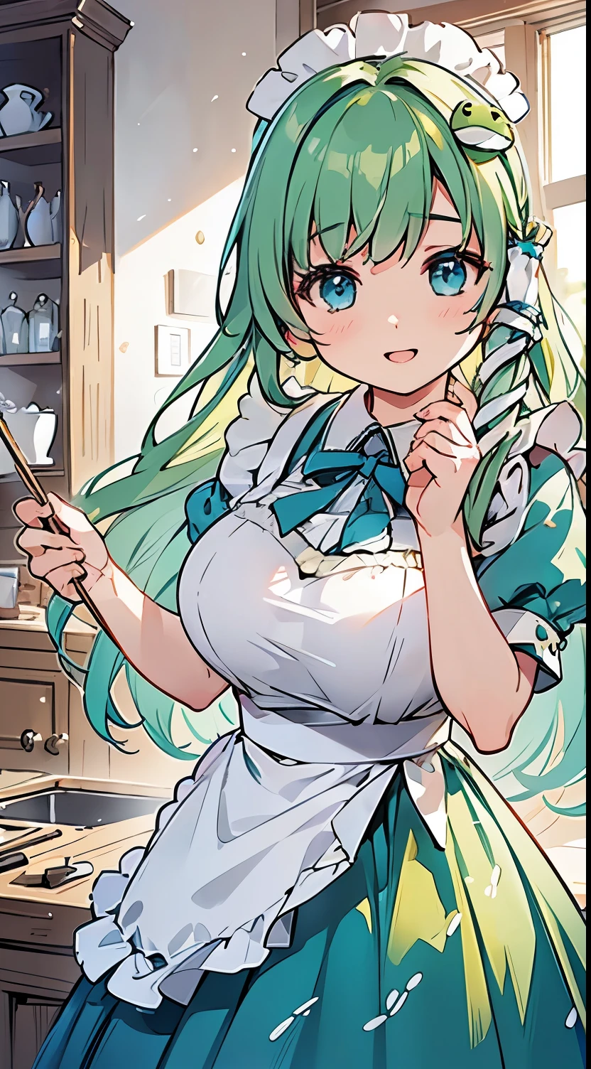 a pretty anime maid with long flowing green hair and bright blue eyes, extremely detailed face, bangs, hair framing face, beautiful detailed eyes, beautiful detailed lips, super gigantic breasts, big bright smile, opened mouth, in a detailed kitchen setting, masterpiece, (best quality,4k,8k,highres,masterpiece:1.2),ultra-detailed,(realistic,photorealistic,photo-realistic:1.37),vibrant colors, natural lighting, cinematic, dynamic composition, intricate details,kochiya sanae