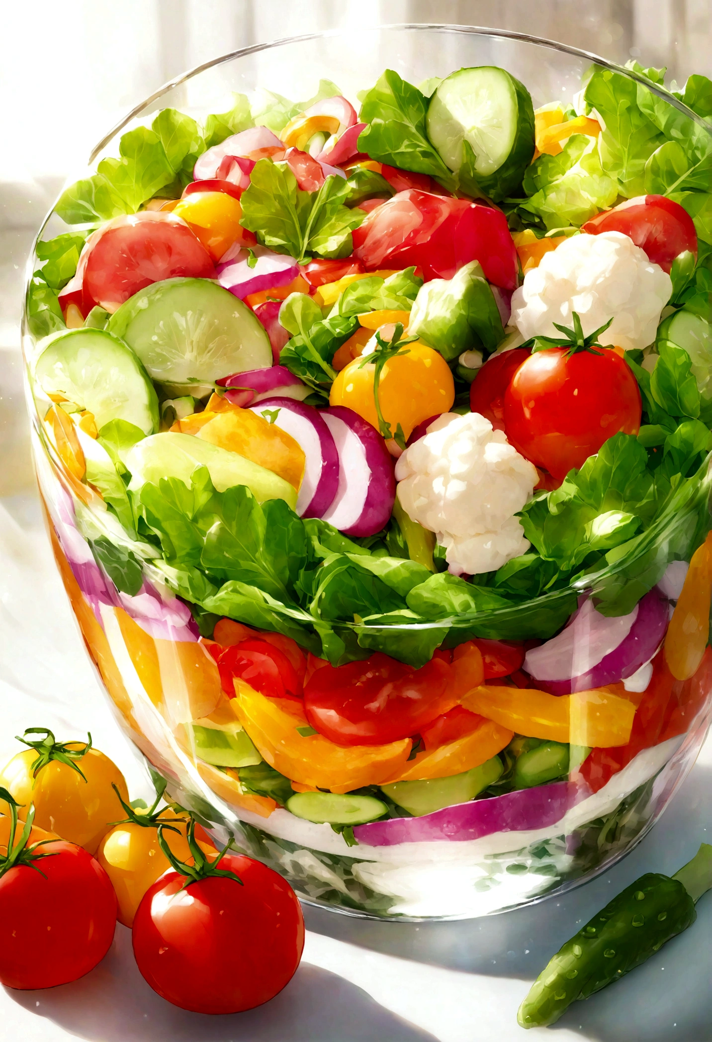 A clear glass filled with a variety of fresh, colorful salad vegetables. The salad includes vibrant greens like lettuce and spinach, red and yellow bell peppers, juicy cherry tomatoes, crisp cucumbers, shredded carrots, and thinly sliced radishes. The glass is transparent, showcasing the layers of ingredients beautifully. The background is soft and blurred to keep the focus on the salad, making it look appetizing and healthy.