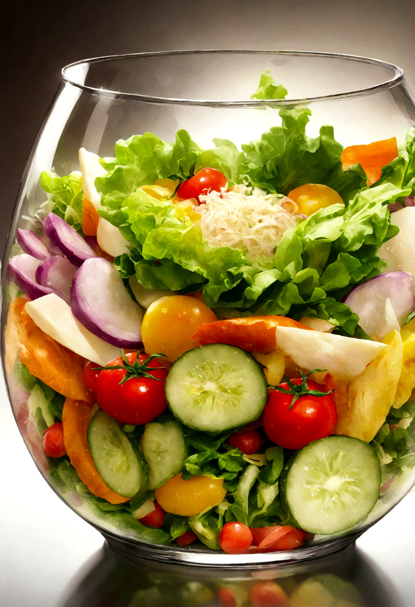 A clear glass filled with a variety of fresh, colorful salad vegetables. The salad includes vibrant greens like lettuce and spinach, red and yellow bell peppers, juicy cherry tomatoes, crisp cucumbers, shredded carrots, and thinly sliced radishes. The glass is transparent, showcasing the layers of ingredients beautifully. The background is soft and blurred to keep the focus on the salad, making it look appetizing and healthy.