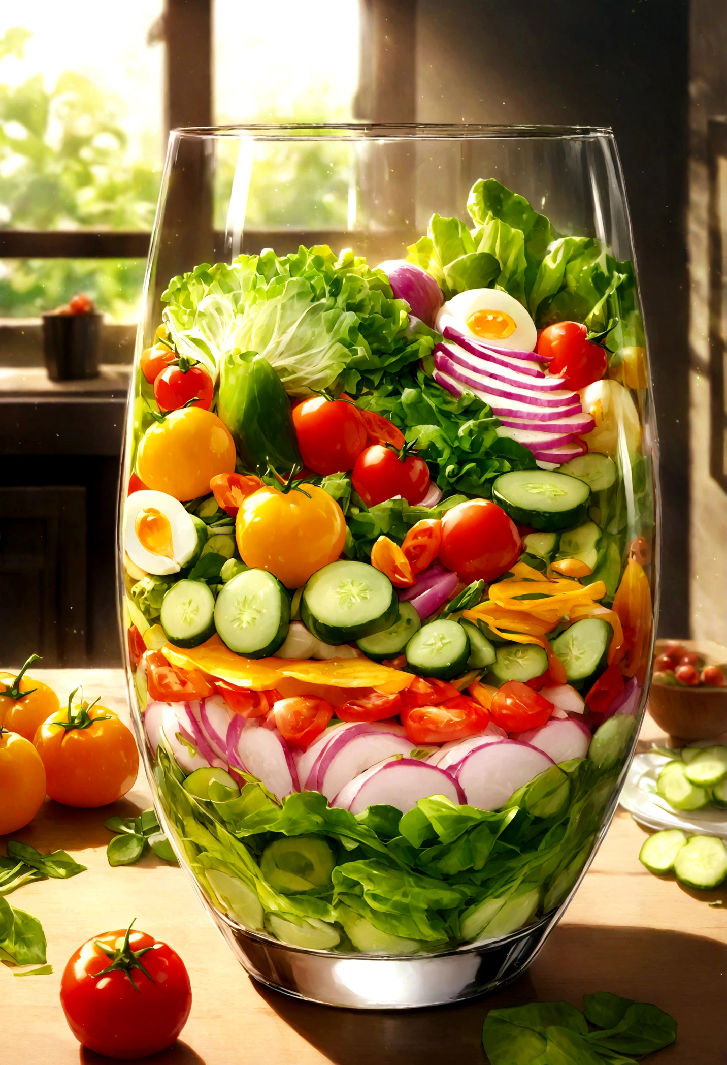 A clear glass filled with a variety of fresh, colorful salad vegetables. The salad includes vibrant greens like lettuce and spinach, red and yellow bell peppers, juicy cherry tomatoes, crisp cucumbers, shredded carrots, and thinly sliced radishes. The glass is transparent, showcasing the layers of ingredients beautifully. The background is soft and blurred to keep the focus on the salad, making it look appetizing and healthy.
